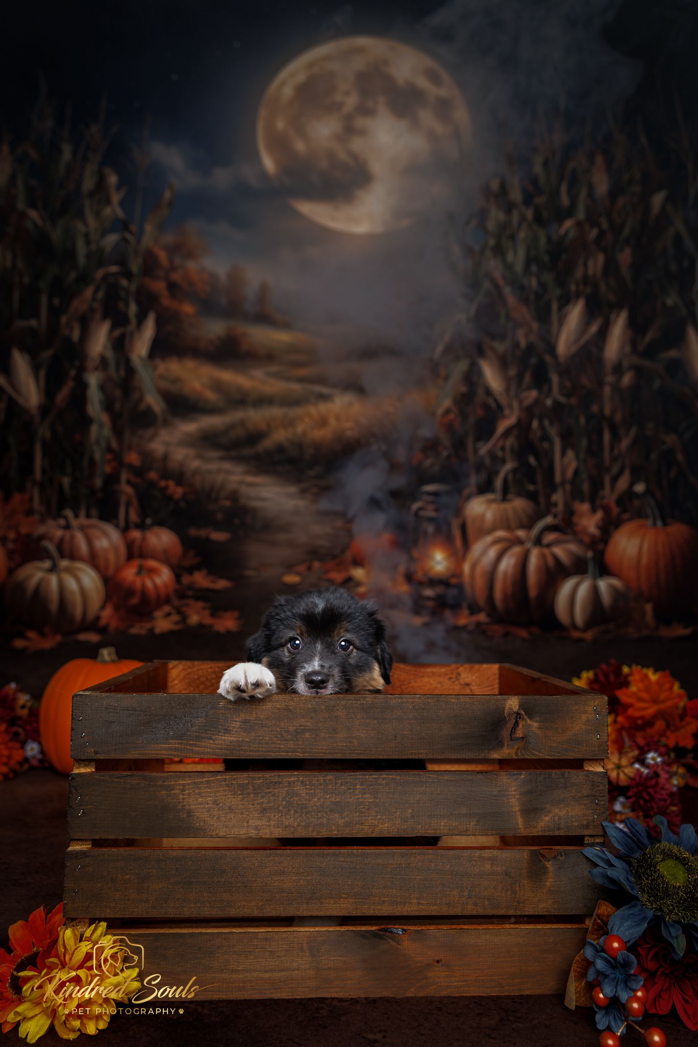 A black and white puppy peeks over a wooden crate surrounded by pumpkins and autumn decor under a full moon.