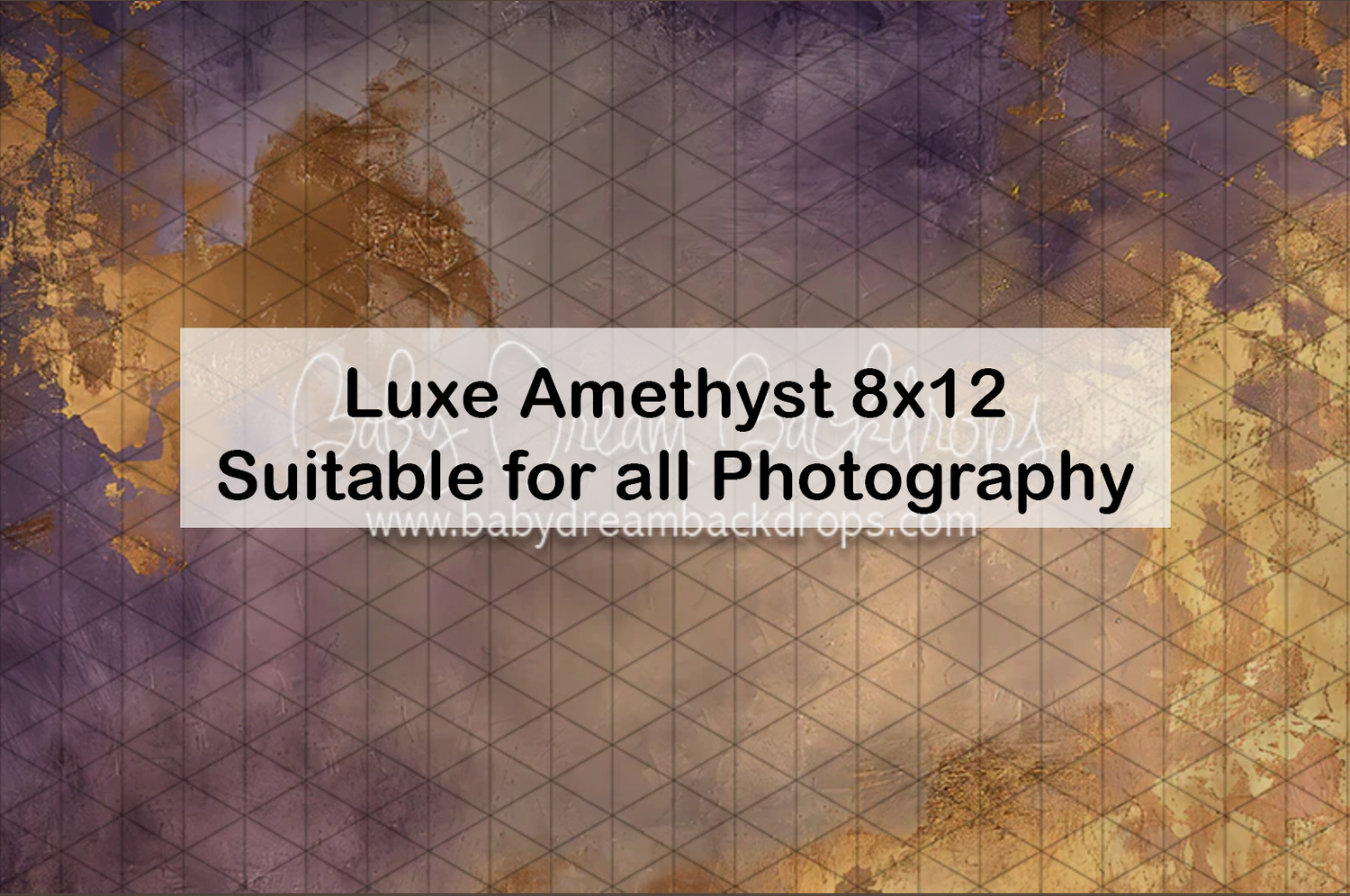 Luxe Amethyst 8x12 photography backdrop with purple and gold textured geometric triangle pattern design.