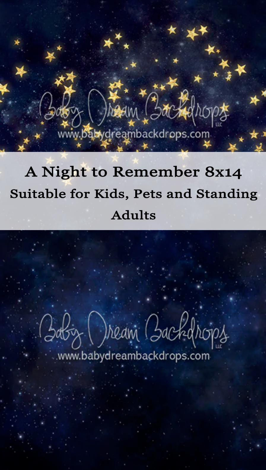 Baby Dream Backdrops A Night to Remember 8x14 dark blue starry sky photography backdrop for kids, pets, and adults.