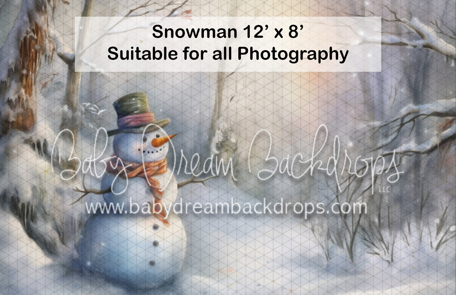 A festive snowman photography backdrop measuring 12x8 feet, featuring a painted winter forest scene with snow-covered trees.