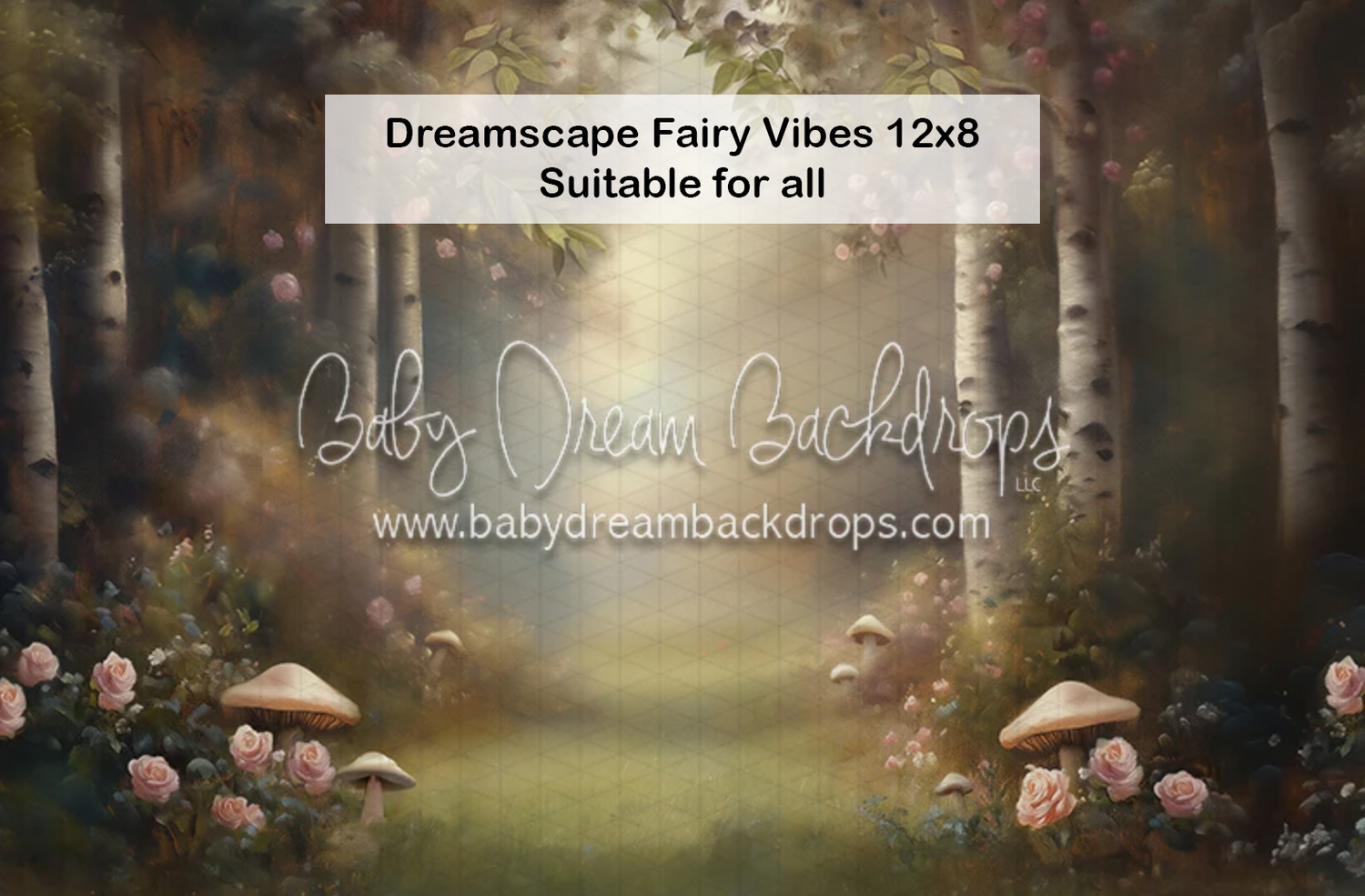 Enchanting fairy tale forest backdrop with birch trees, pink roses, mushrooms, and soft bokeh lighting for photography.
