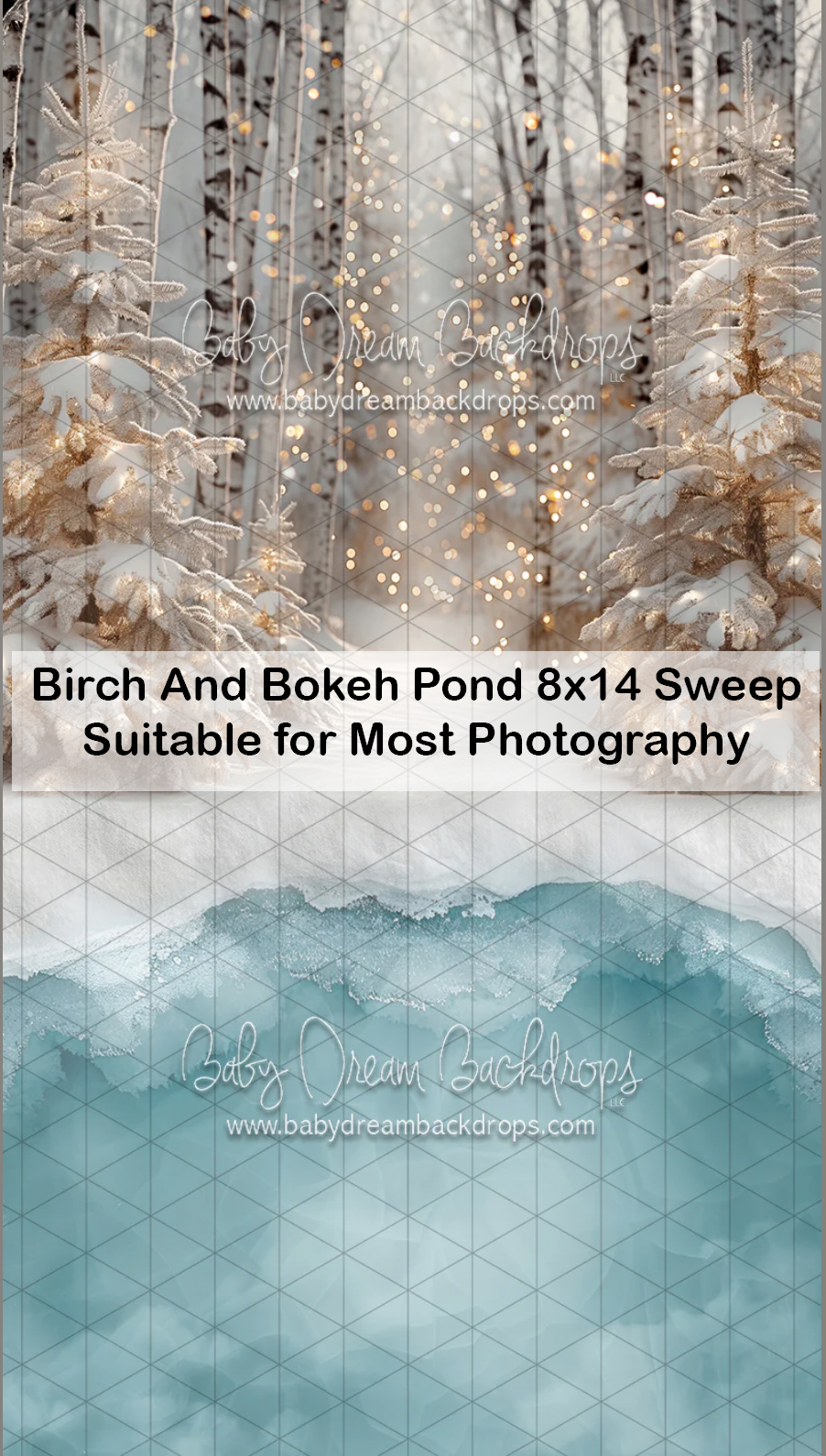 Birch forest winter photography backdrop with bokeh lights, snowy trees, and teal watercolor sweep for professional photography.