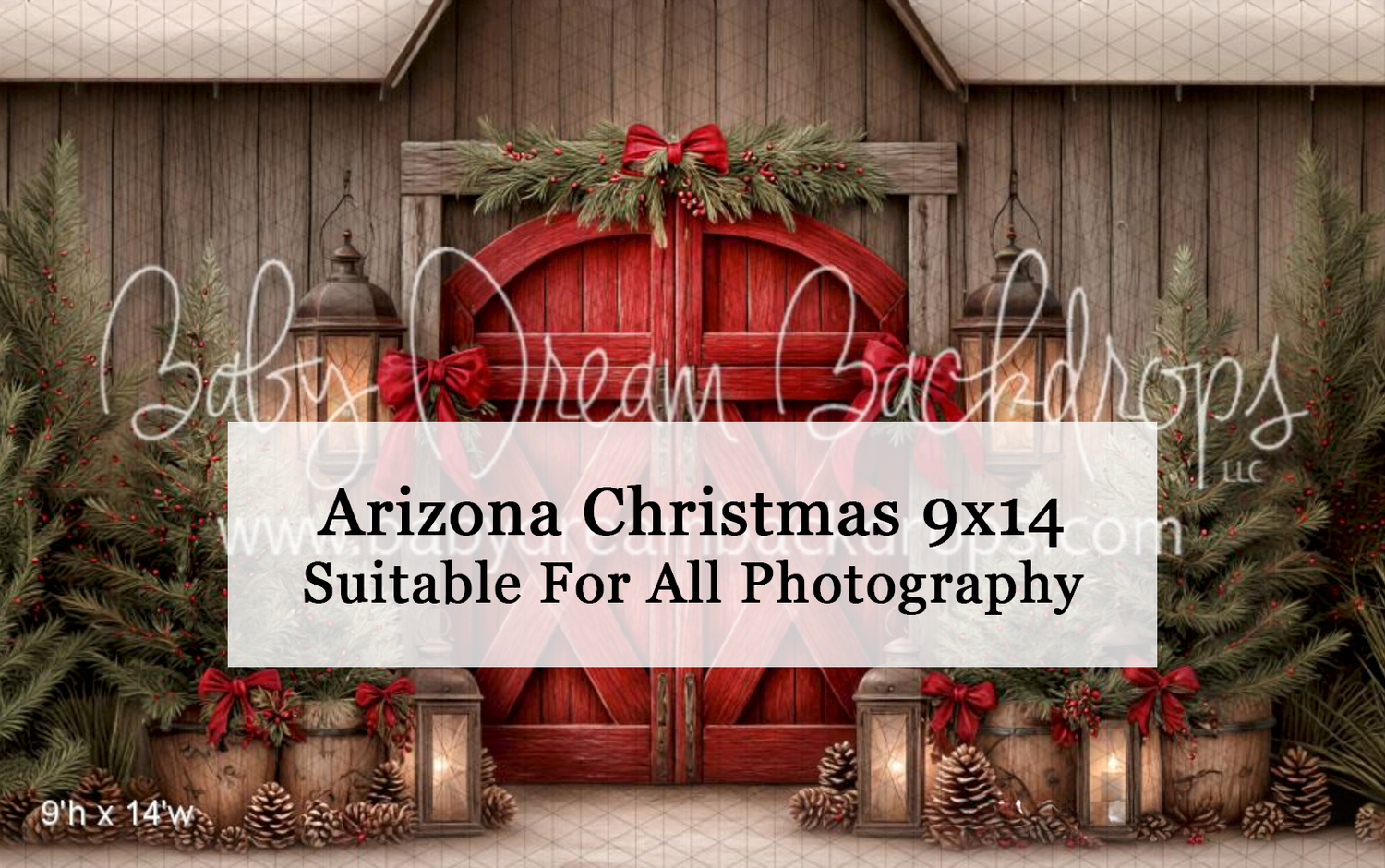 Arizona Christmas 9x14 photography backdrop featuring rustic red barn doors with holiday greenery, pine trees, and lanterns.