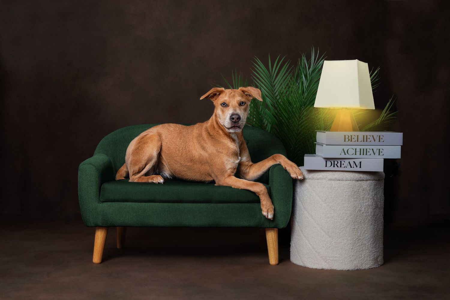 A brown mixed-breed dog lounges on a green velvet sofa beside a lamp and motivational books.