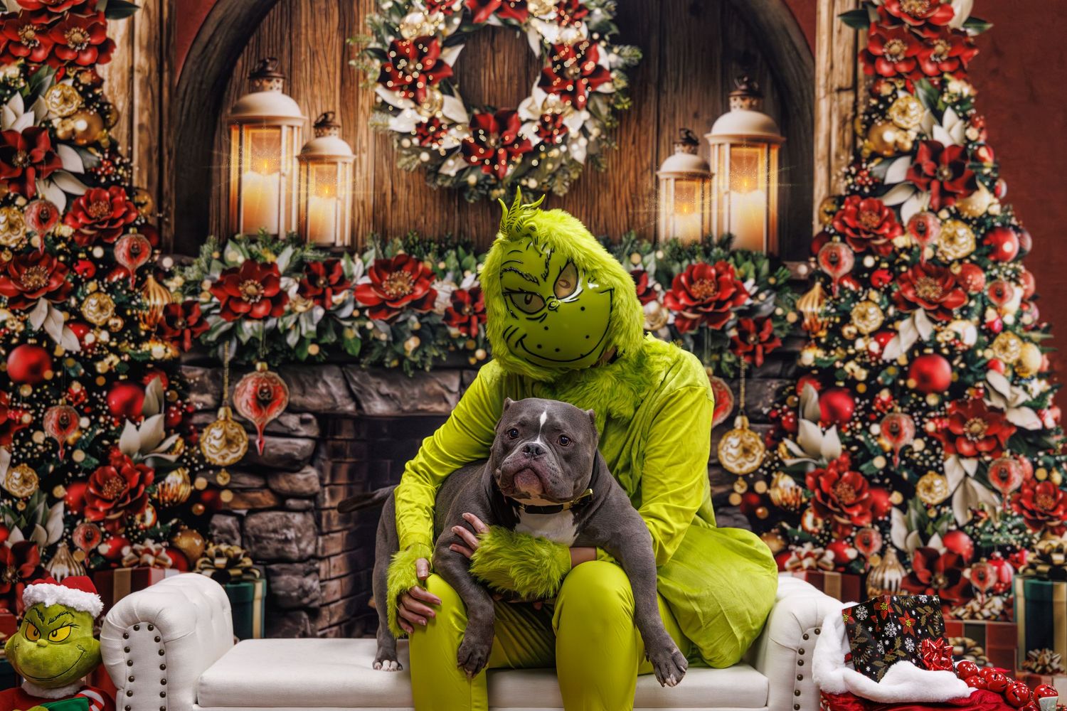 Person in Grinch costume posing with a bulldog on white couch amid festive Christmas decorations and trees.