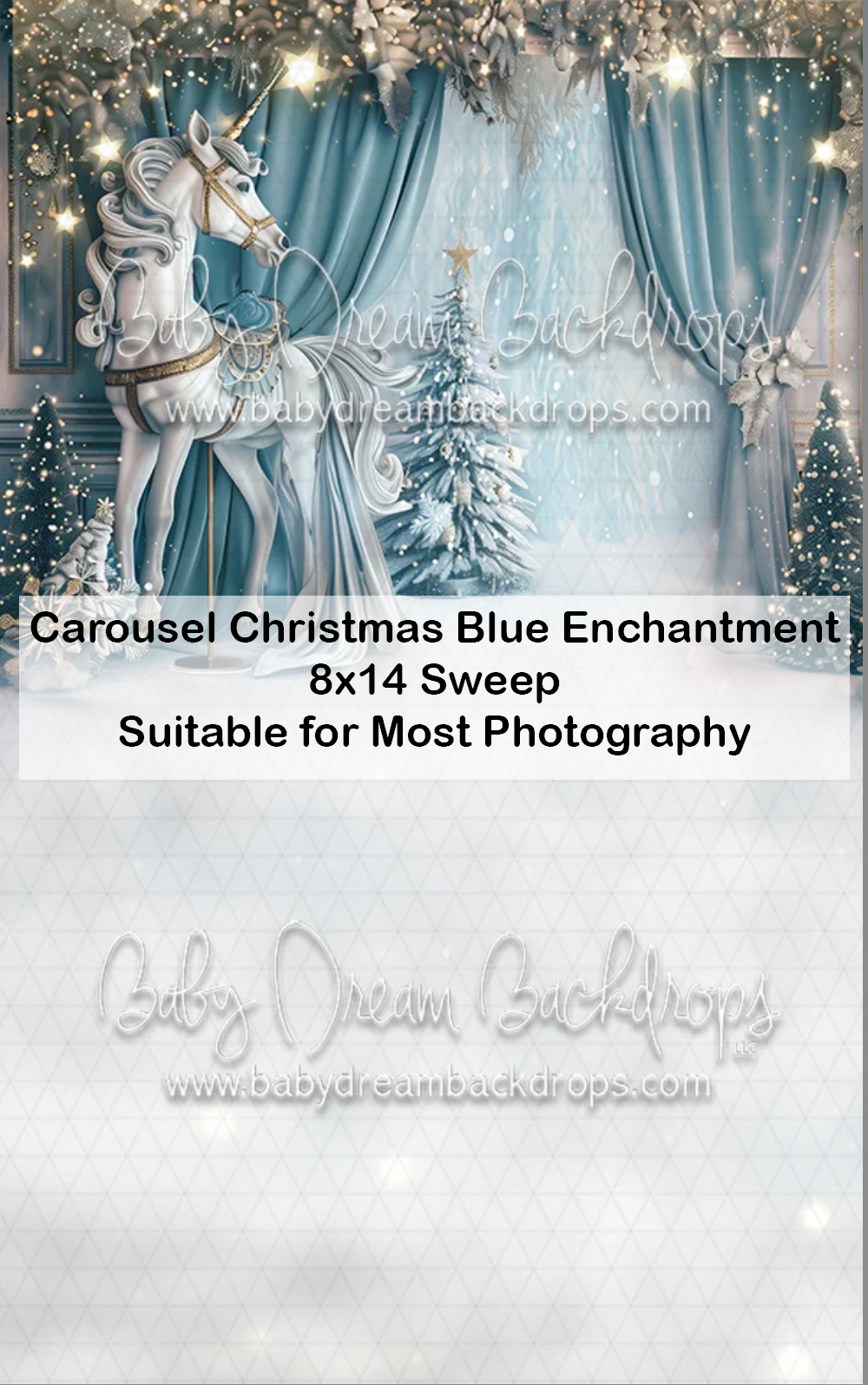 Carousel Christmas Blue Enchantment 8x14 sweep photography backdrop featuring a white unicorn, teal curtains, and snowy Christmas trees.