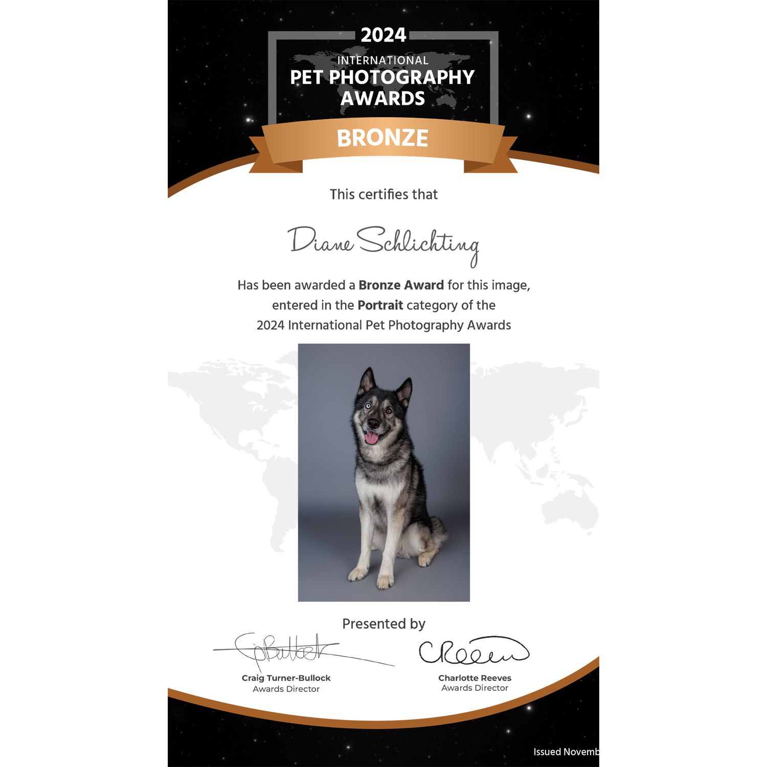 2024 International Pet Photography Awards Bronze certificate for Diane Schlichting in the Portrait category featuring a dog photo.