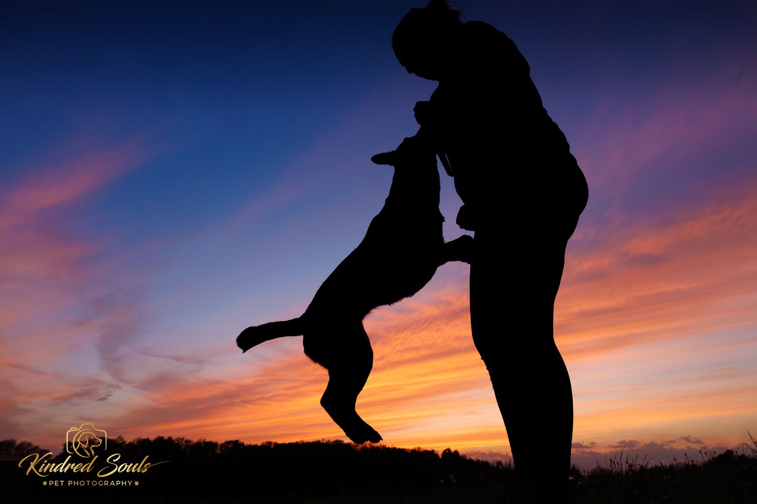 Silhouette of a person and dog jumping at sunset with vibrant orange and blue sky, Kindred Souls Photography.