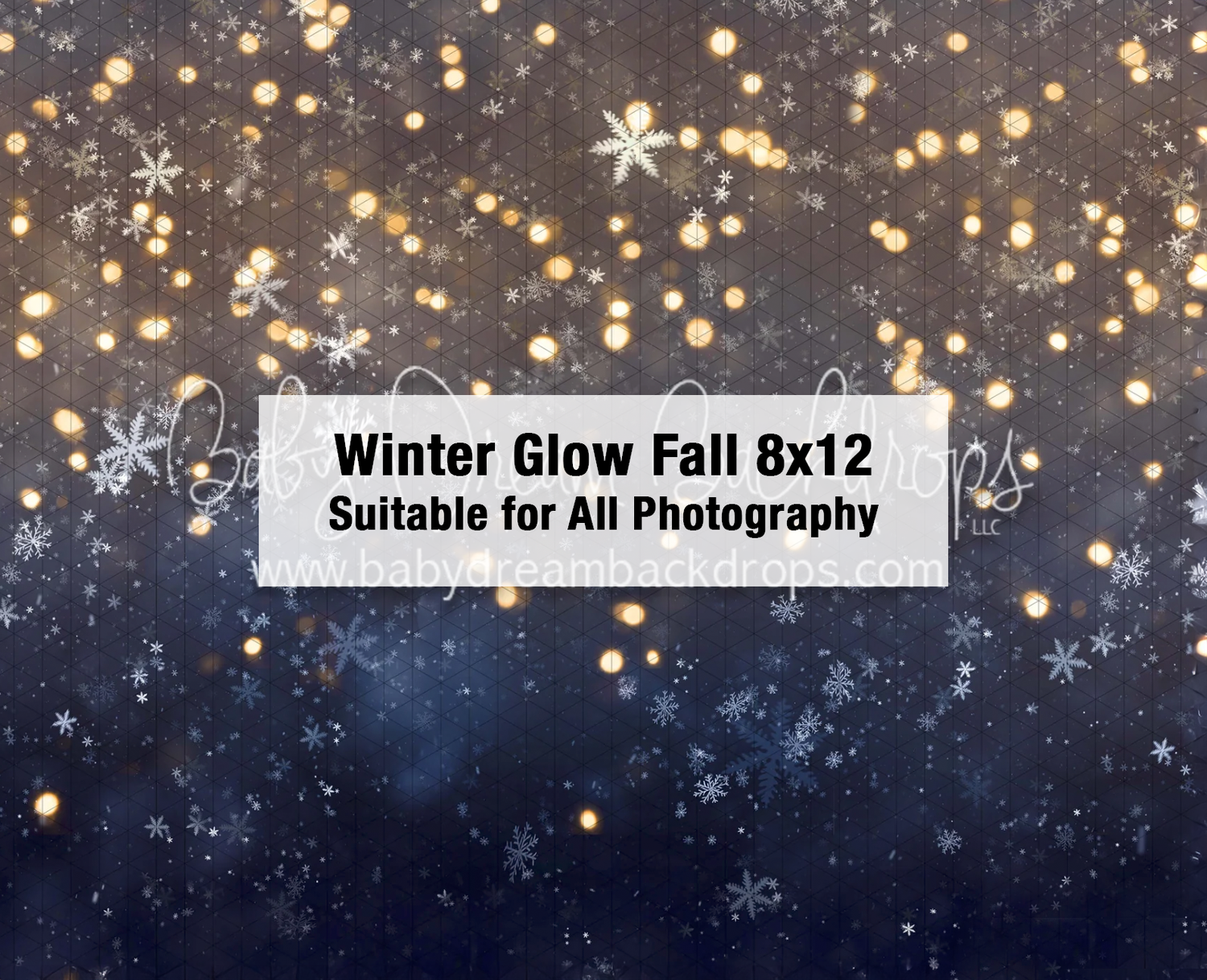 Winter glow photography backdrop 8x12 featuring golden bokeh lights and snowflakes on dark blue background.
