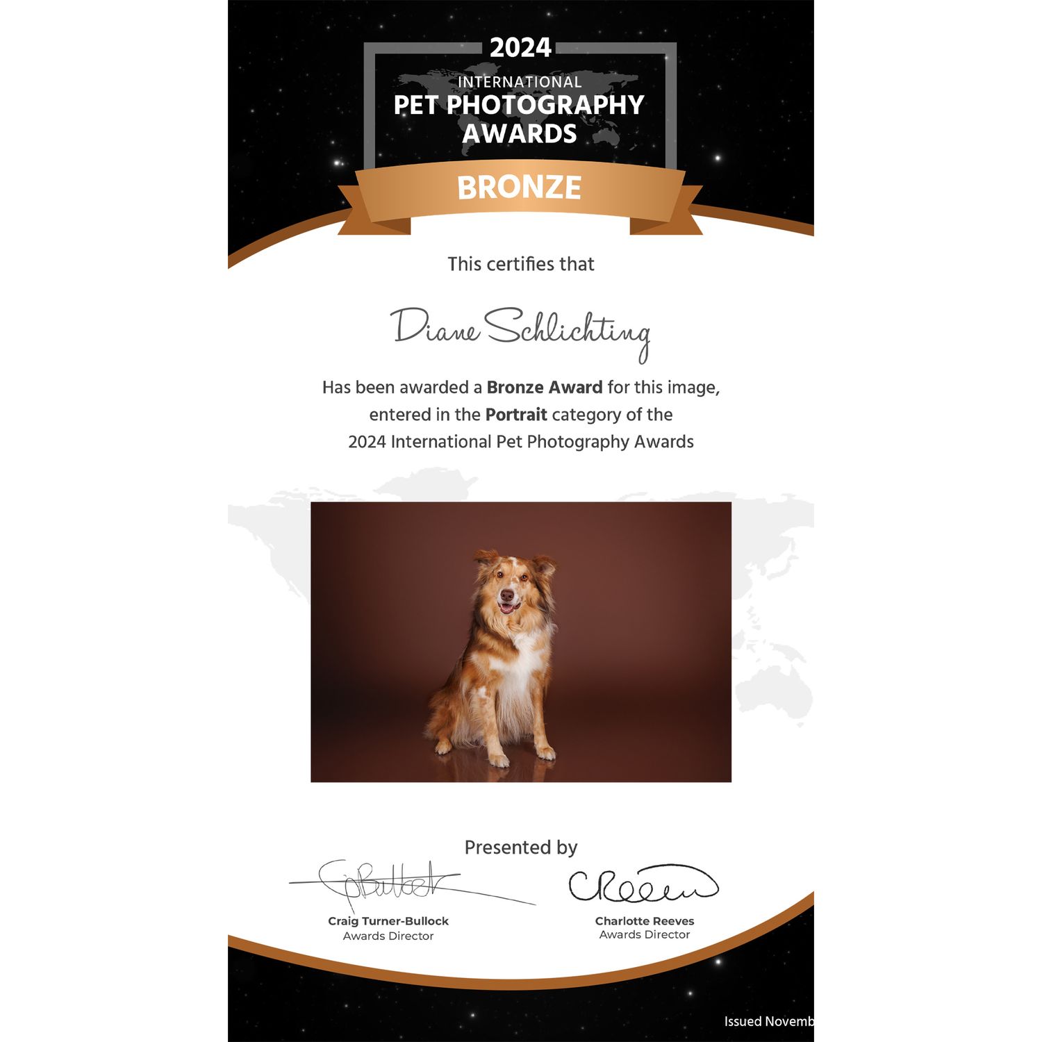 Bronze award certificate from 2024 International Pet Photography Awards presented to Diane Schlichting for a portrait of a dog.