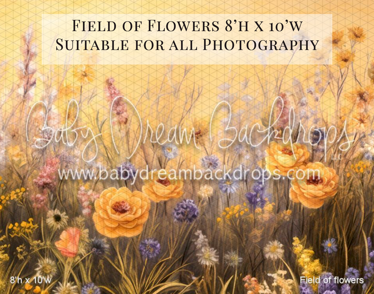 Vibrant field of flowers photography backdrop, 8x10, featuring colorful wildflowers on golden background.