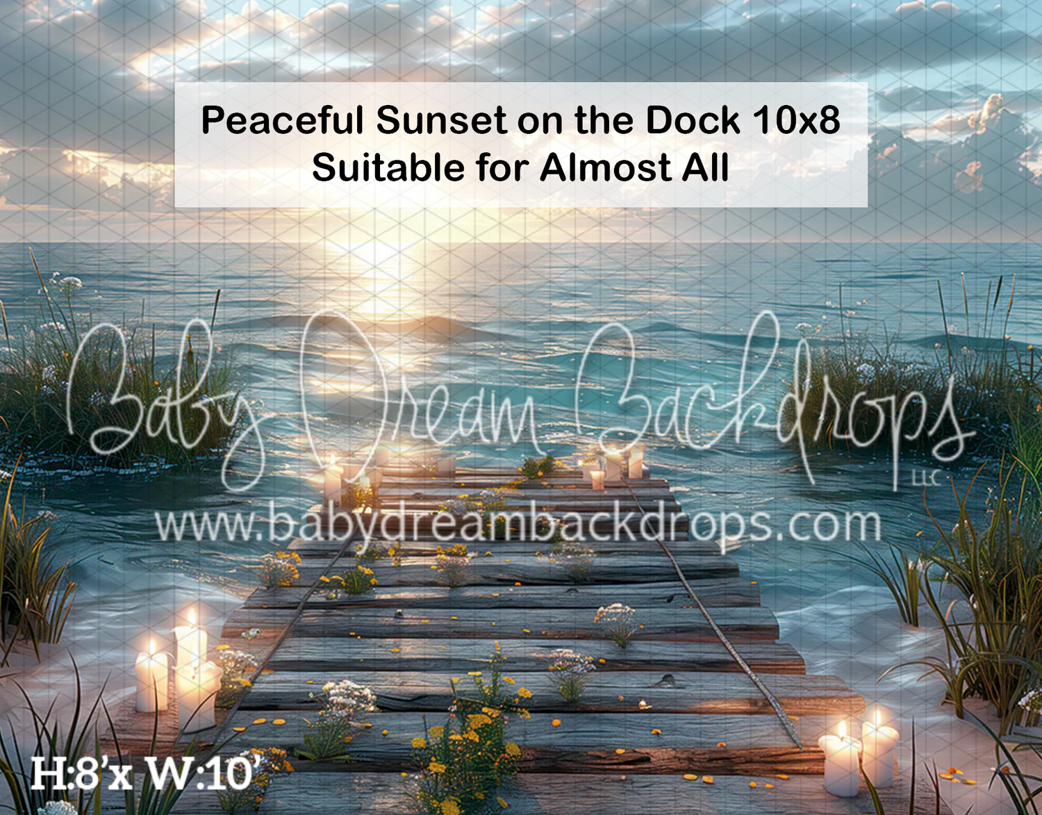 A serene 10x8 photography backdrop featuring a wooden dock at sunset with candles, ocean waves, and soft golden light.