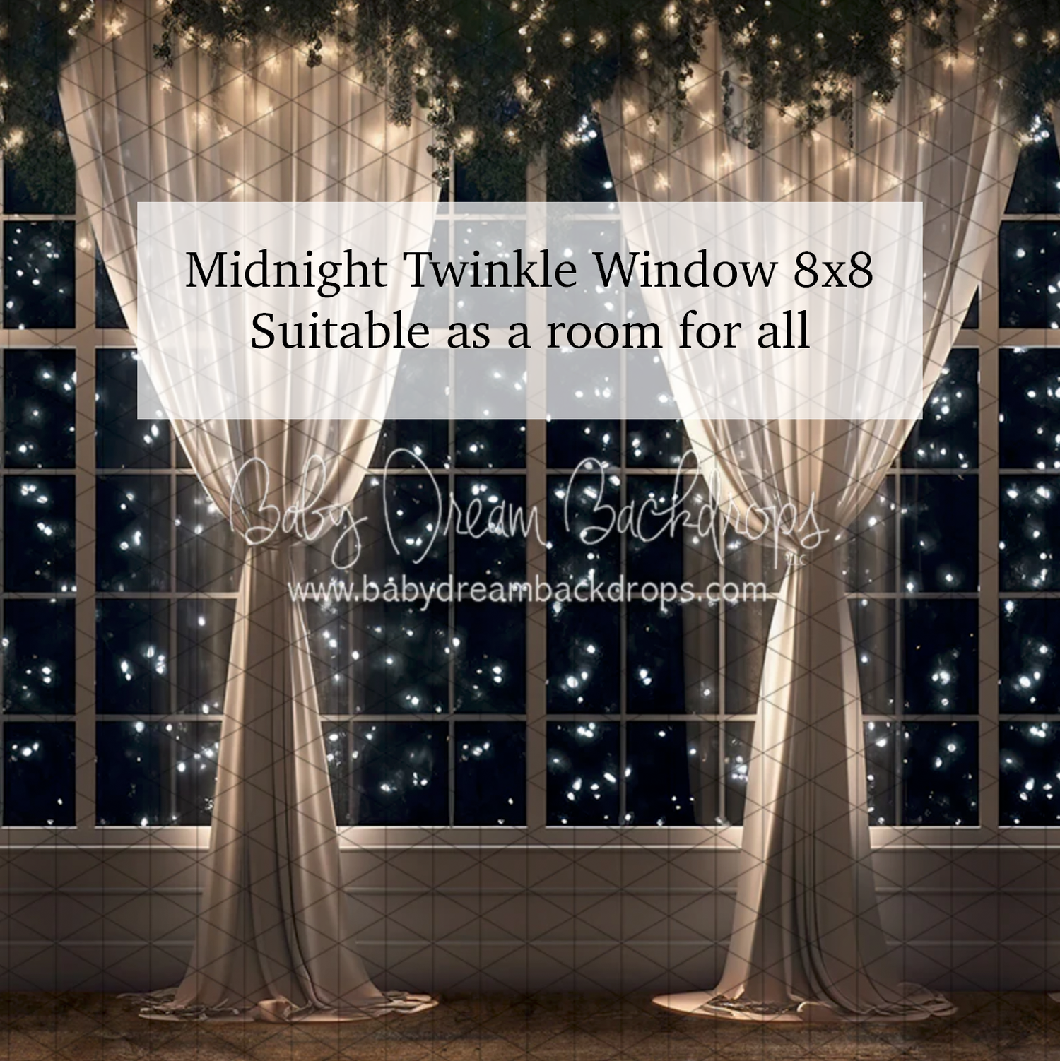 Midnight Twinkle Window 8x8 photography backdrop with sheer curtains and twinkling stars for versatile room settings.