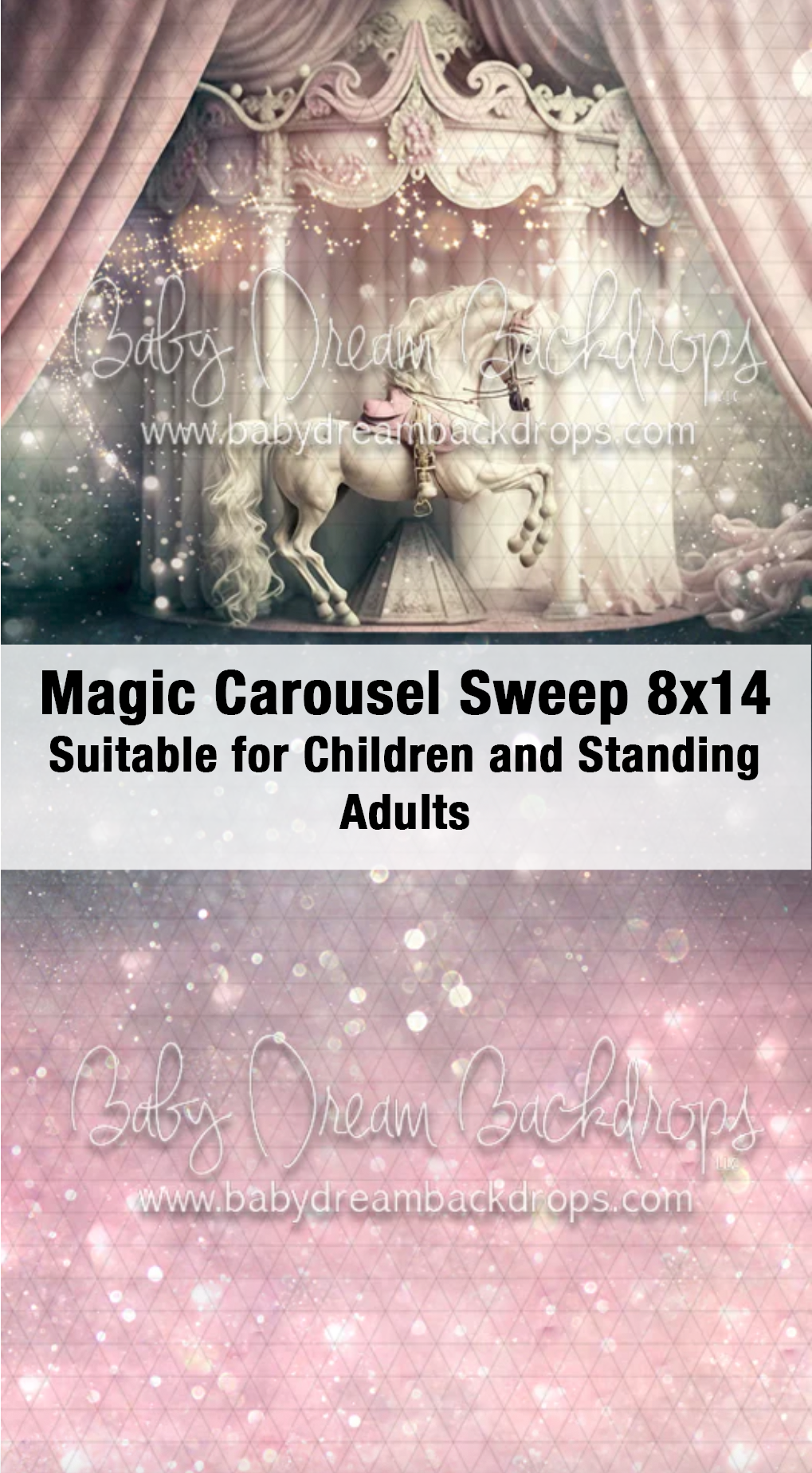 Magic Carousel Sweep 8x14 photography backdrop featuring a white horse carousel and pink glitter floor sweep.