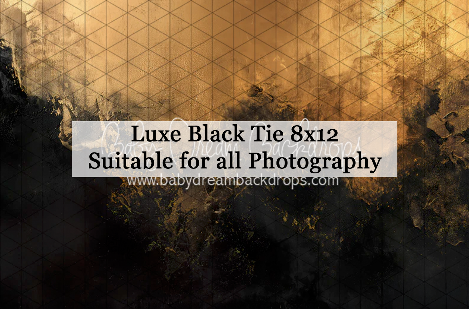 Luxe Black Tie 8x12 photography backdrop featuring gold geometric patterns and dark smoky textures, suitable for all photography.