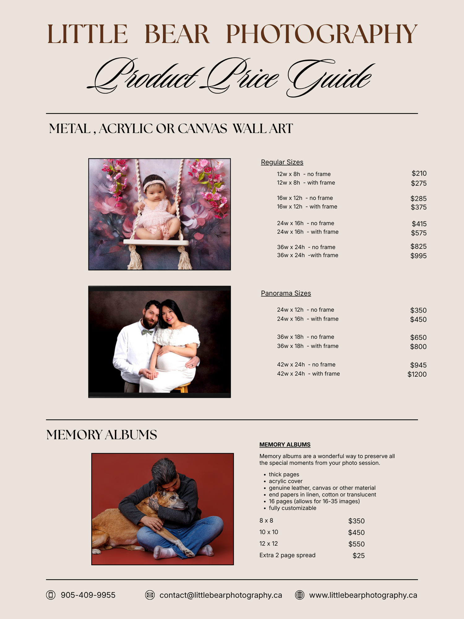 Little Bear Photography product price guide showing metal, acrylic, canvas wall art sizes and memory album pricing options.