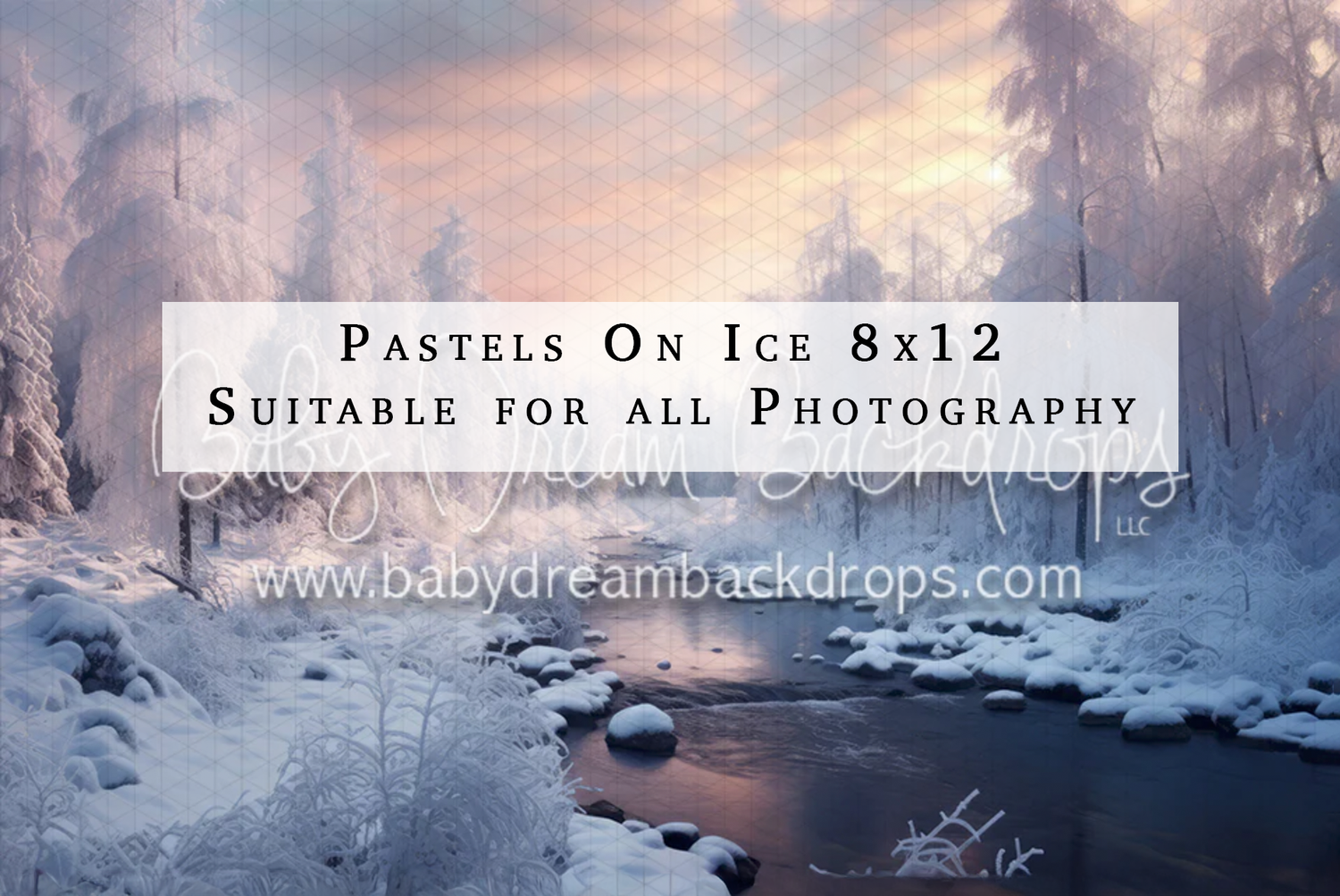 Snowy winter forest photography backdrop with frosted trees and icy stream in pastel hues, 8x12.