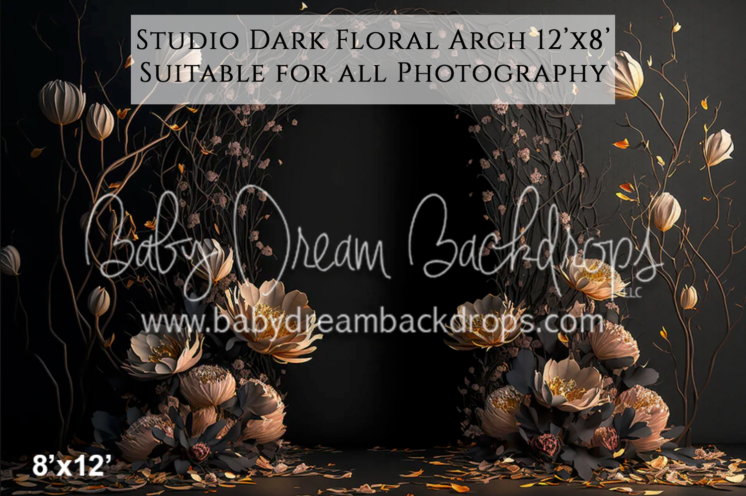Dark moody floral arch studio photography backdrop, 12x8, suitable for all photography.