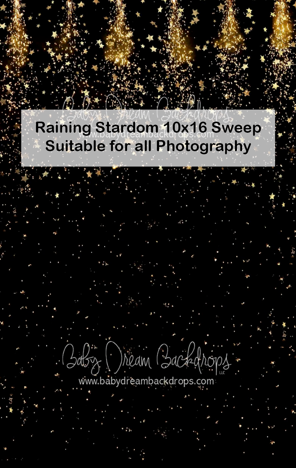 Black photography backdrop with gold glitter star rain effect, 10x16 sweep suitable for all photography types.