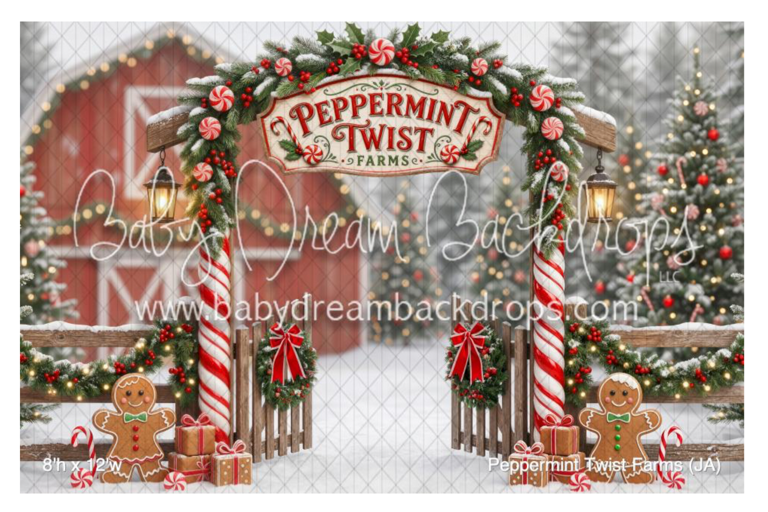 Christmas backdrop featuring a Peppermint Twist Farms arch with candy canes, gingerbread men, and a snowy red barn.