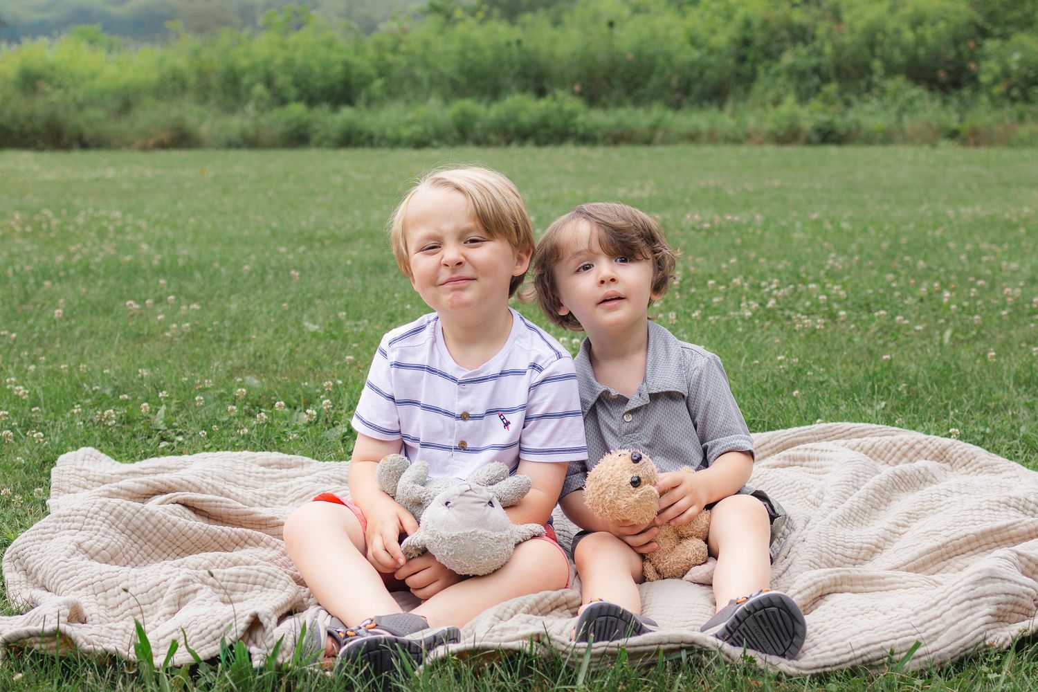 Two young boys sit together on a blanket in a green meadow, each holding a stuffed animal toy.