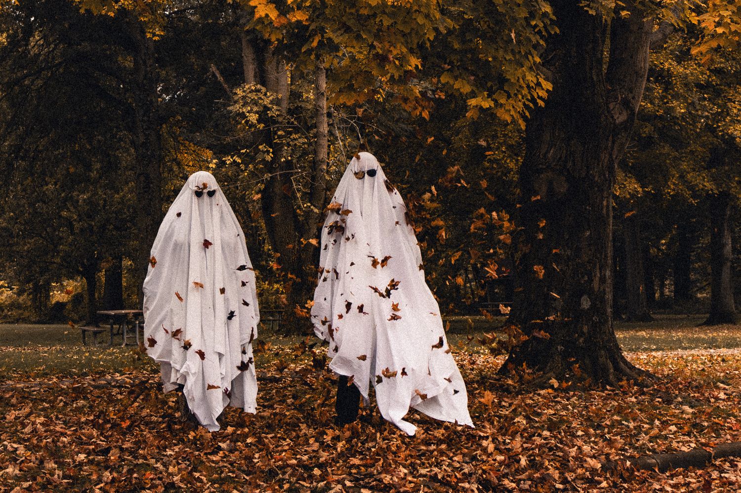Two children dressed as ghosts in white sheets with autumn leaves stand among fall trees in a Halloween outdoor scene.