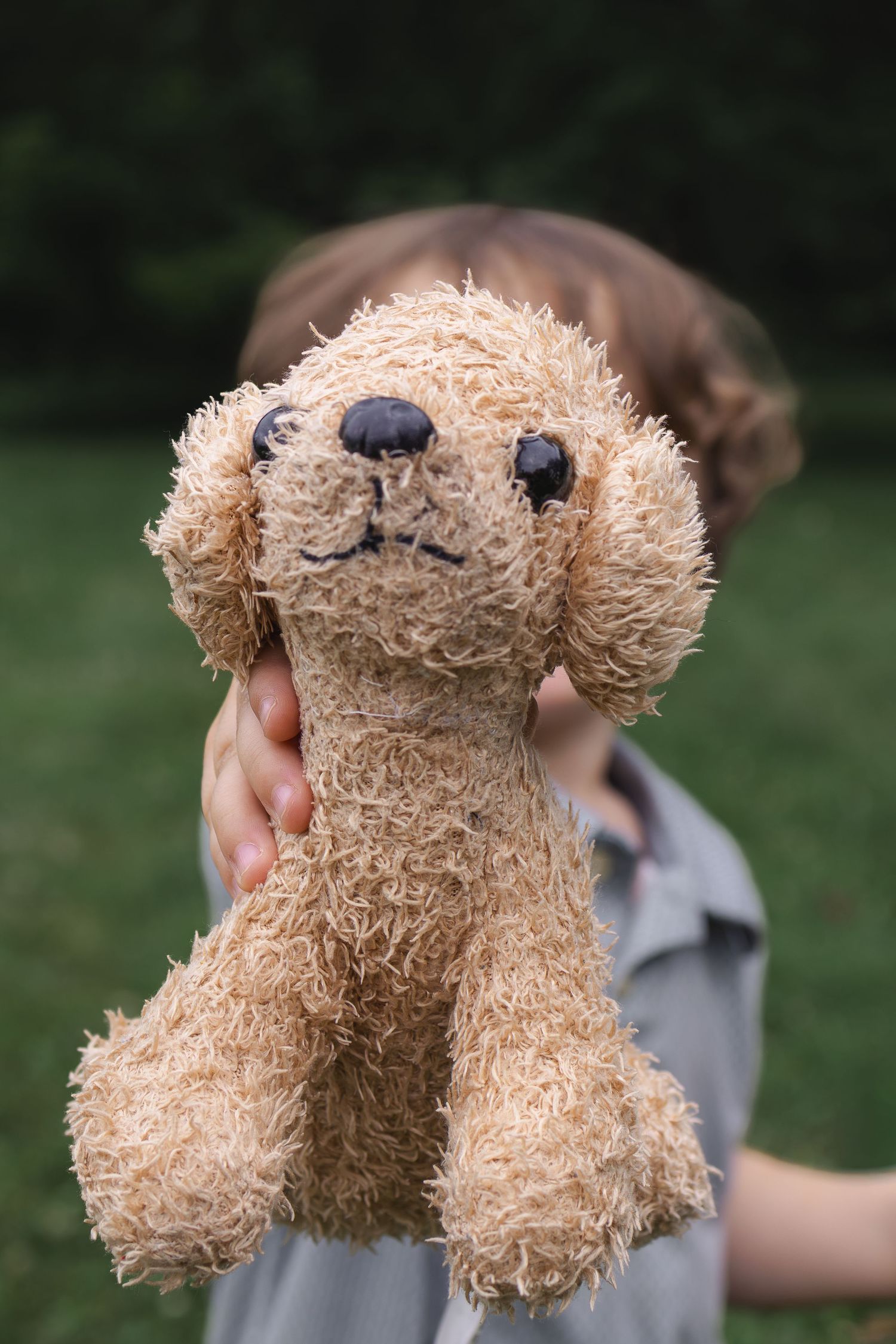 A child holds up a fluffy brown stuffed dog toy toward the camera in an outdoor green setting.
