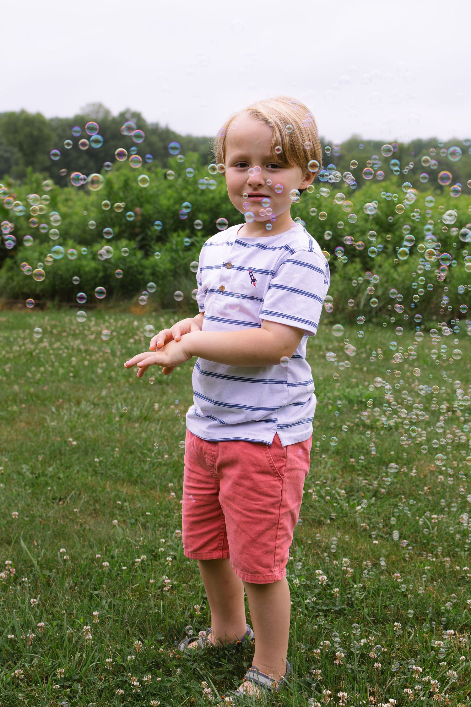 Young blonde boy in red shorts playing with soap bubbles in a green field.