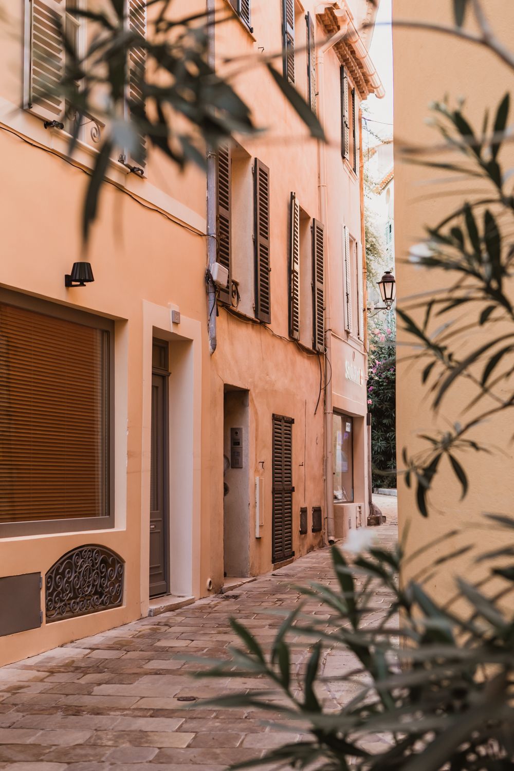 Een doorkijkje naar een kleurrijk straatje in Saint-Tropez in Frankrijk met pastelkleurige huizen en olijftakken.