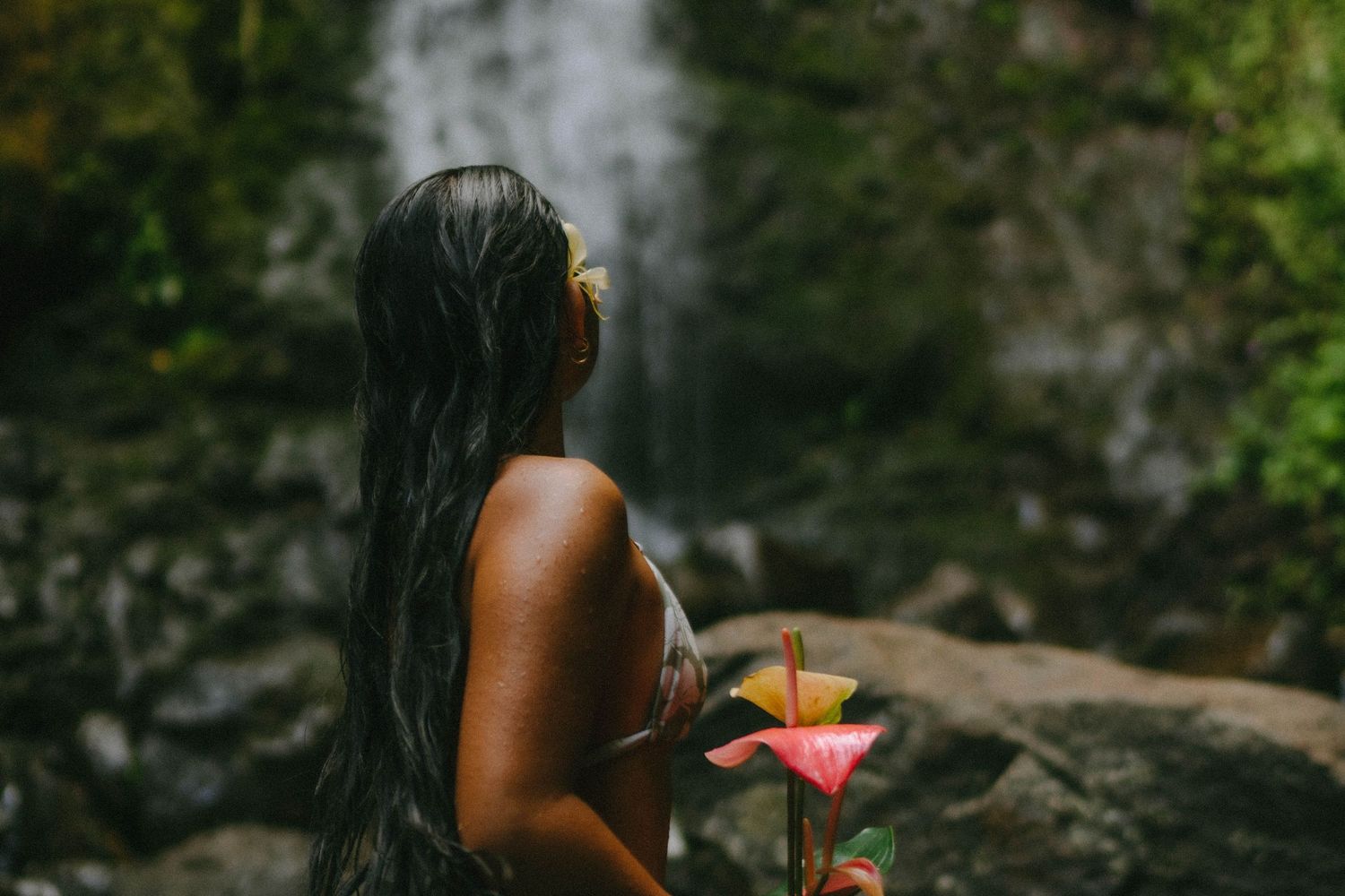 Woman with long wet hair holds pink tropical flower while sitting before a lush waterfall.