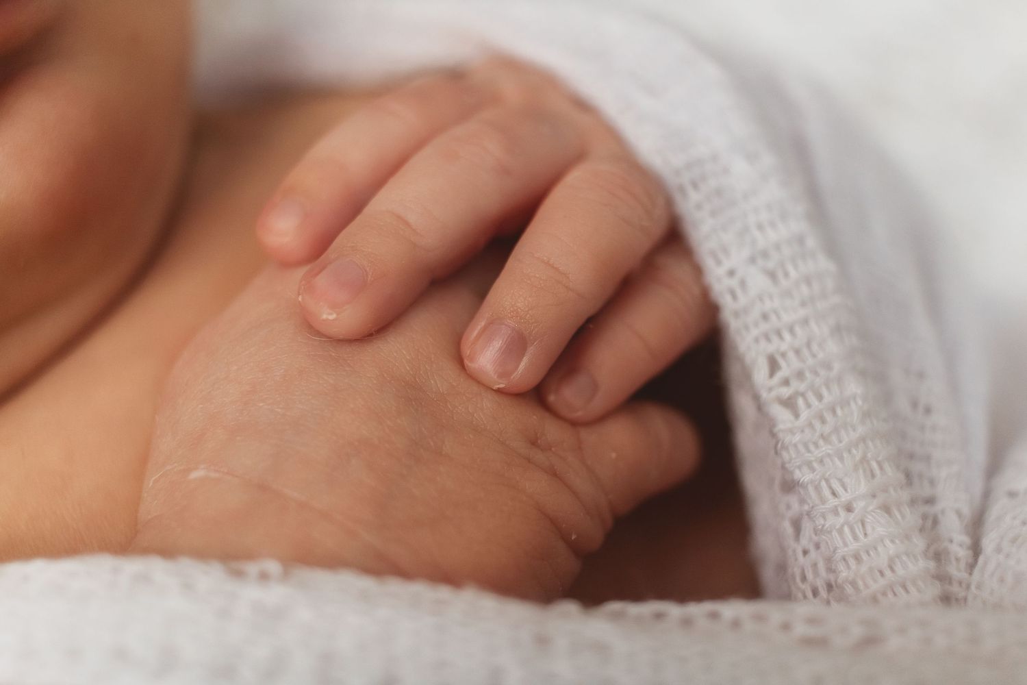 A tender close-up of a newborn baby's tiny hand resting against a soft white blanket, highlighting the delicate details of new life.