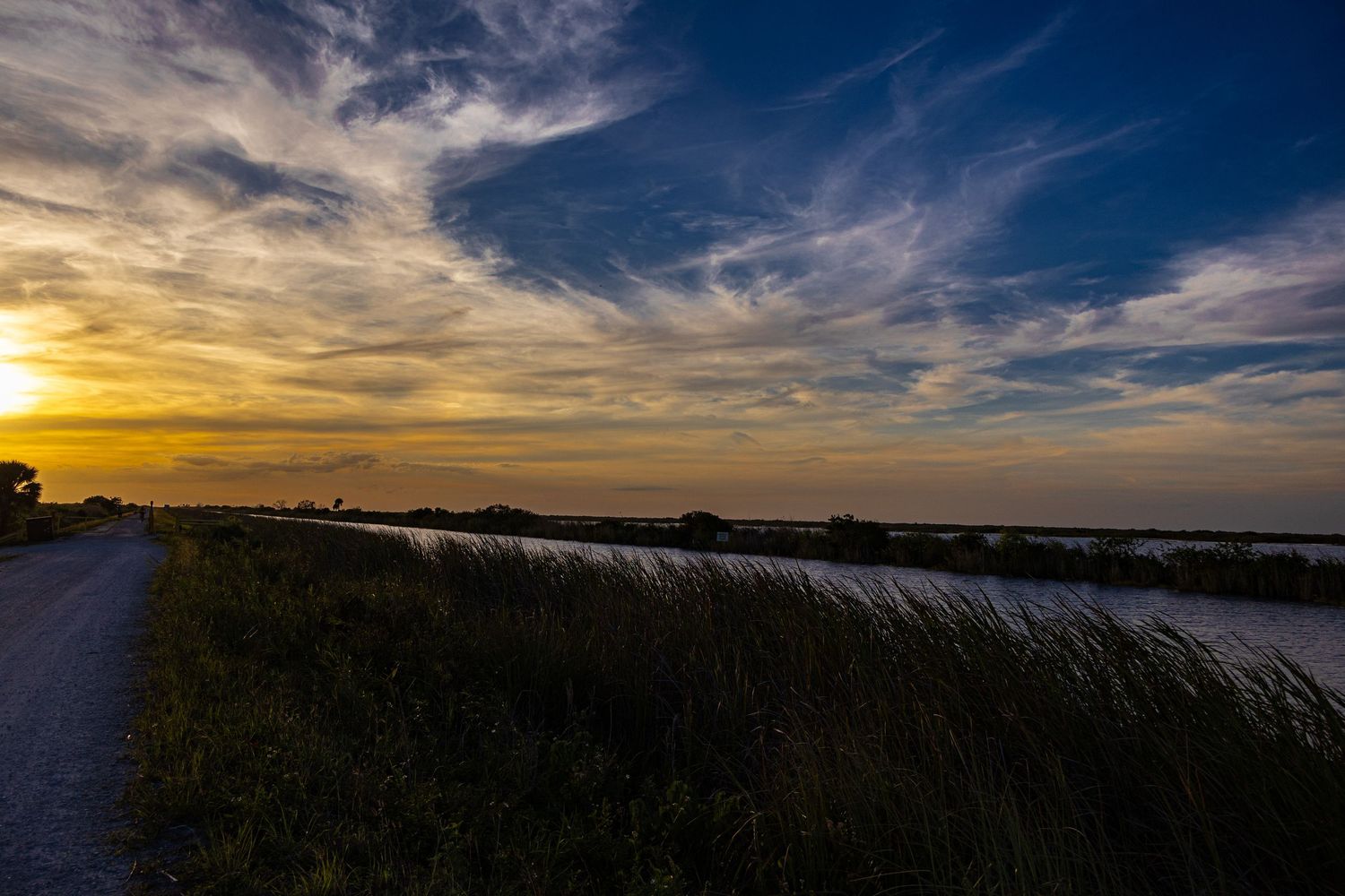 Scenic coastal sunset with dramatic wispy clouds over calm water along a rural pathway.