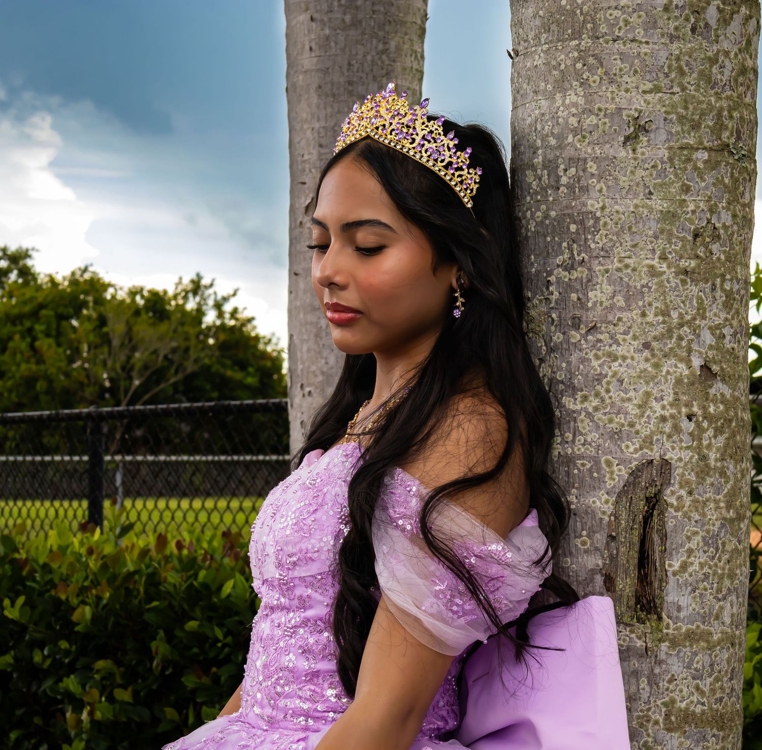 Young woman in pink quinceañera dress and decorative crown poses against tree outdoors.