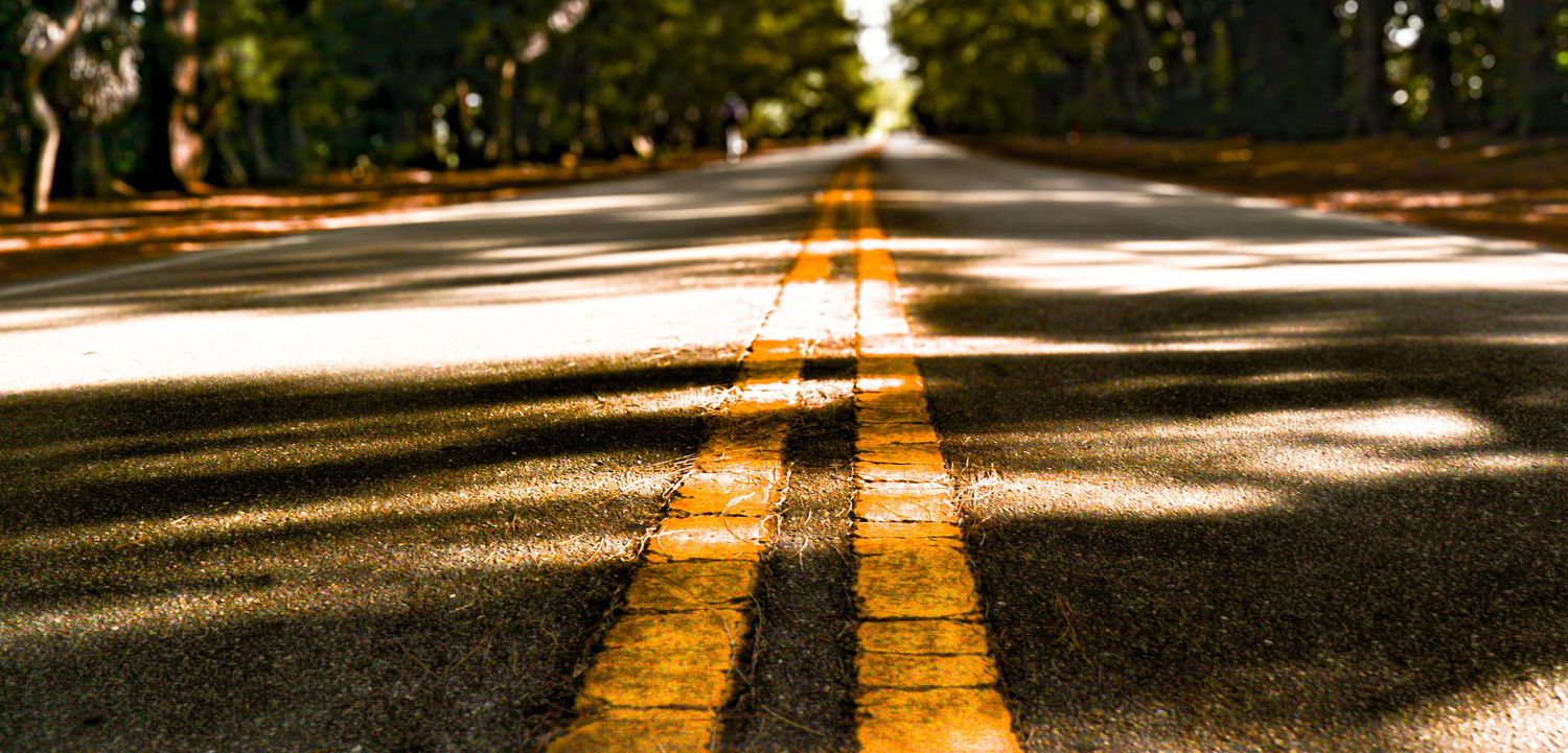 Low angle view of a sunlit two-lane road with yellow center lines shaded by a canopy of overhanging trees.