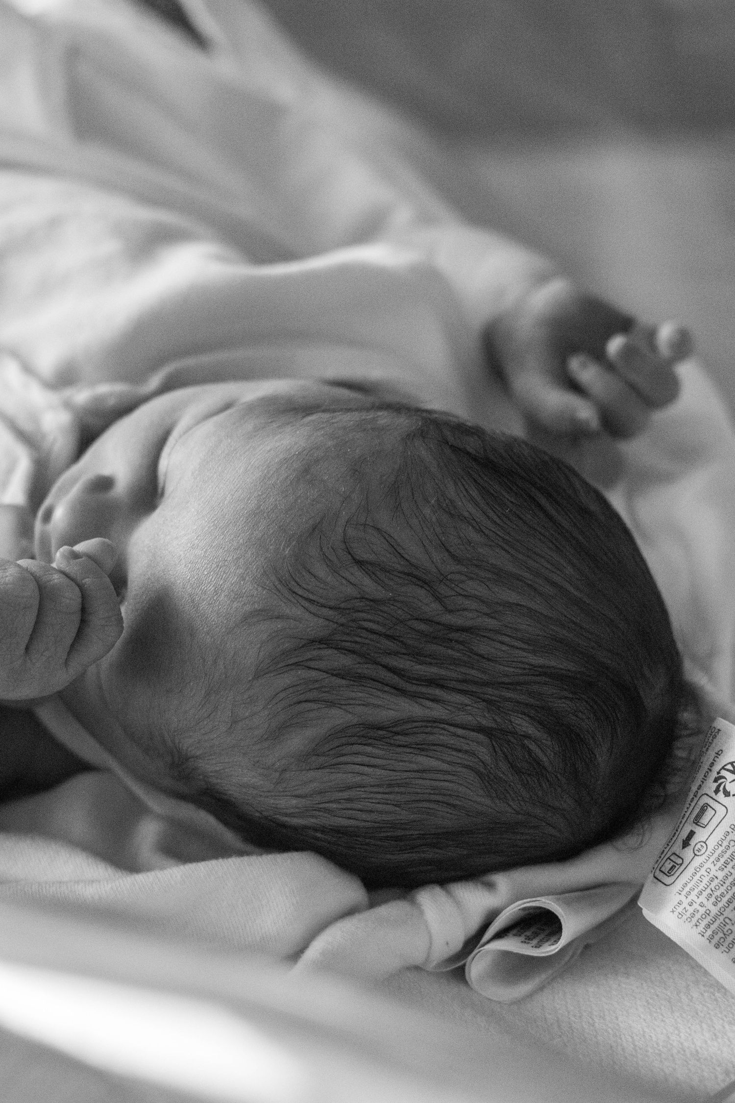 Black and white photo of a dark-haired newborn baby resting in a hospital bassinet.