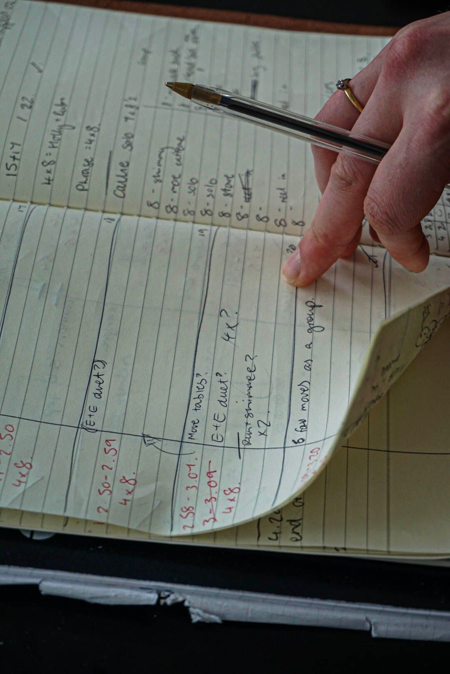 A hand holding a pencil points to handwritten notes and calculations in a well-used open ledger book.