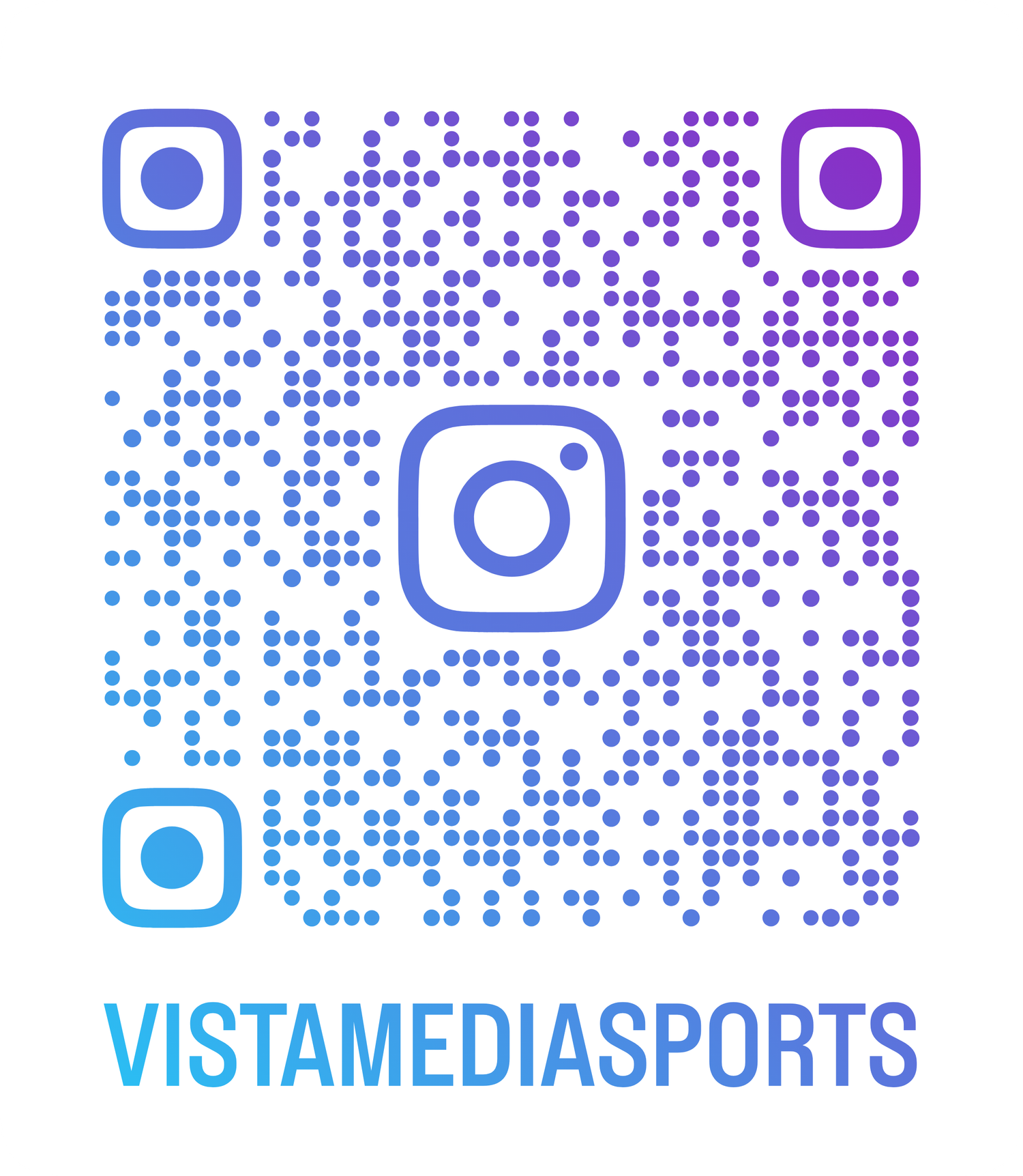 Instagram QR code for VistamediaSports account displayed in blue and purple gradient design.