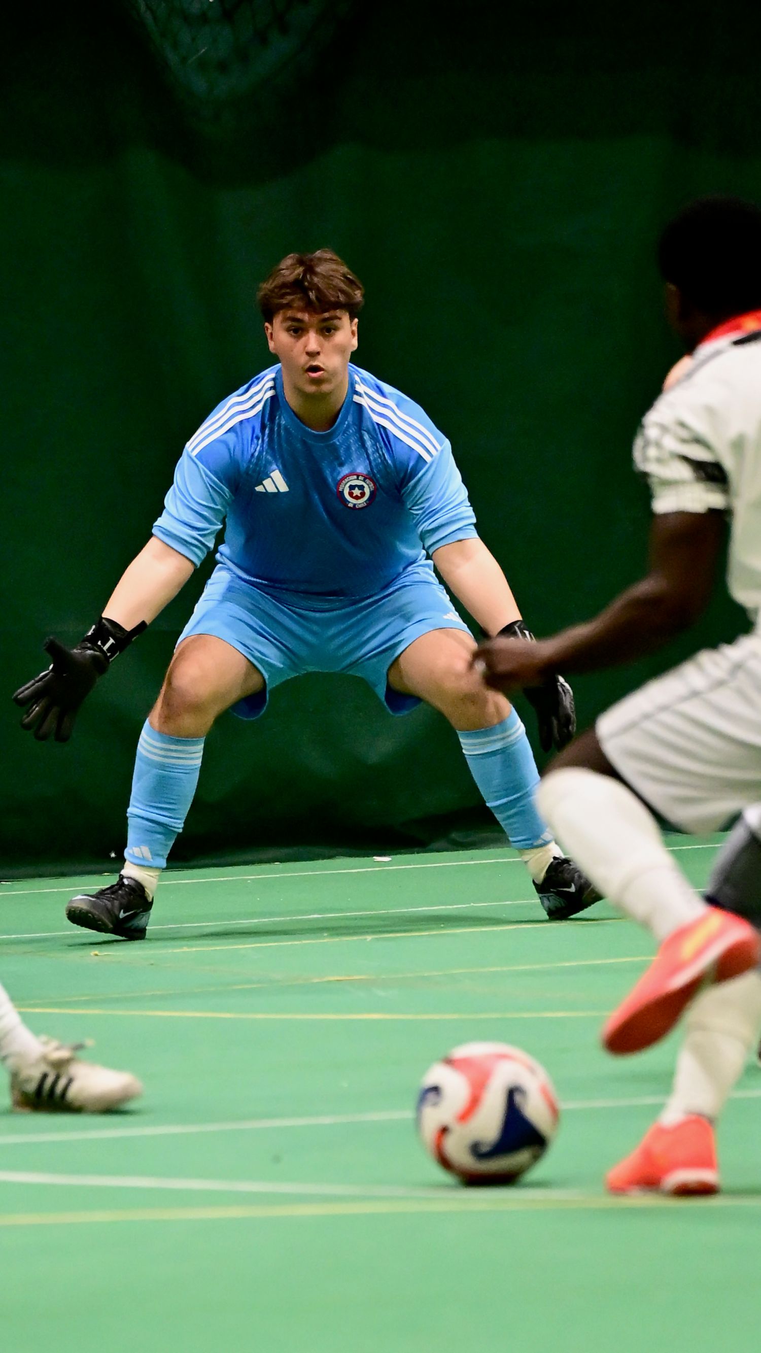 Young goalkeeper in light blue Adidas kit in ready stance during indoor soccer futsal match.