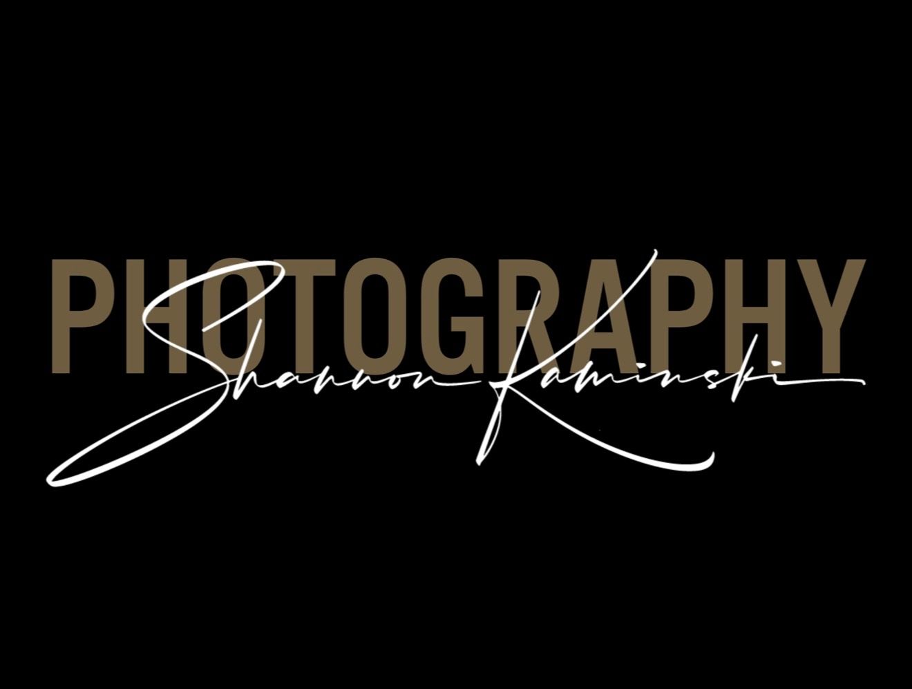 Shannon Kaminski Photography logo with gold bold text on black background and elegant white script signature.