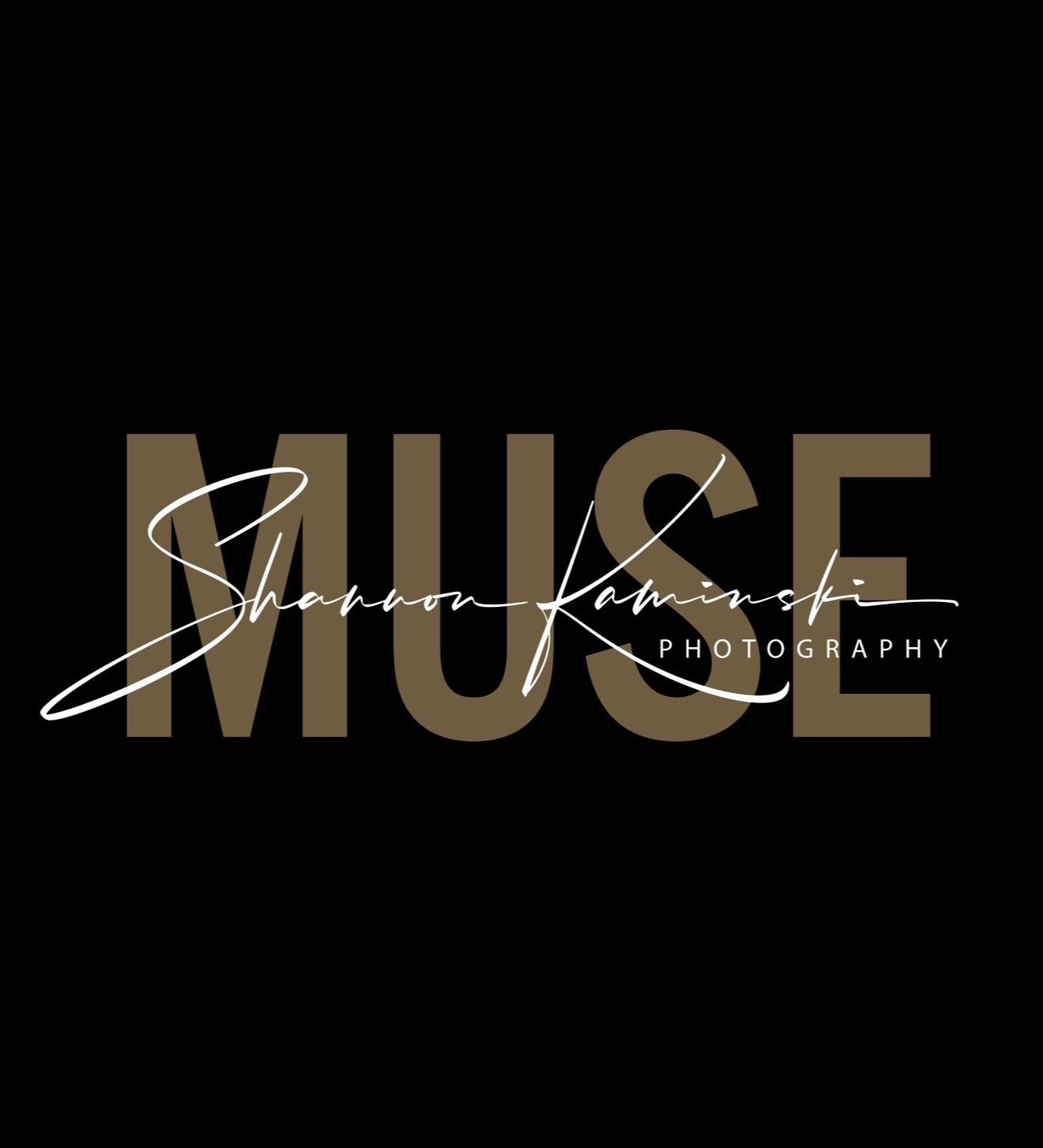 Logo for Muse Shannon Kaminski Photography in gold and white script on a black background.