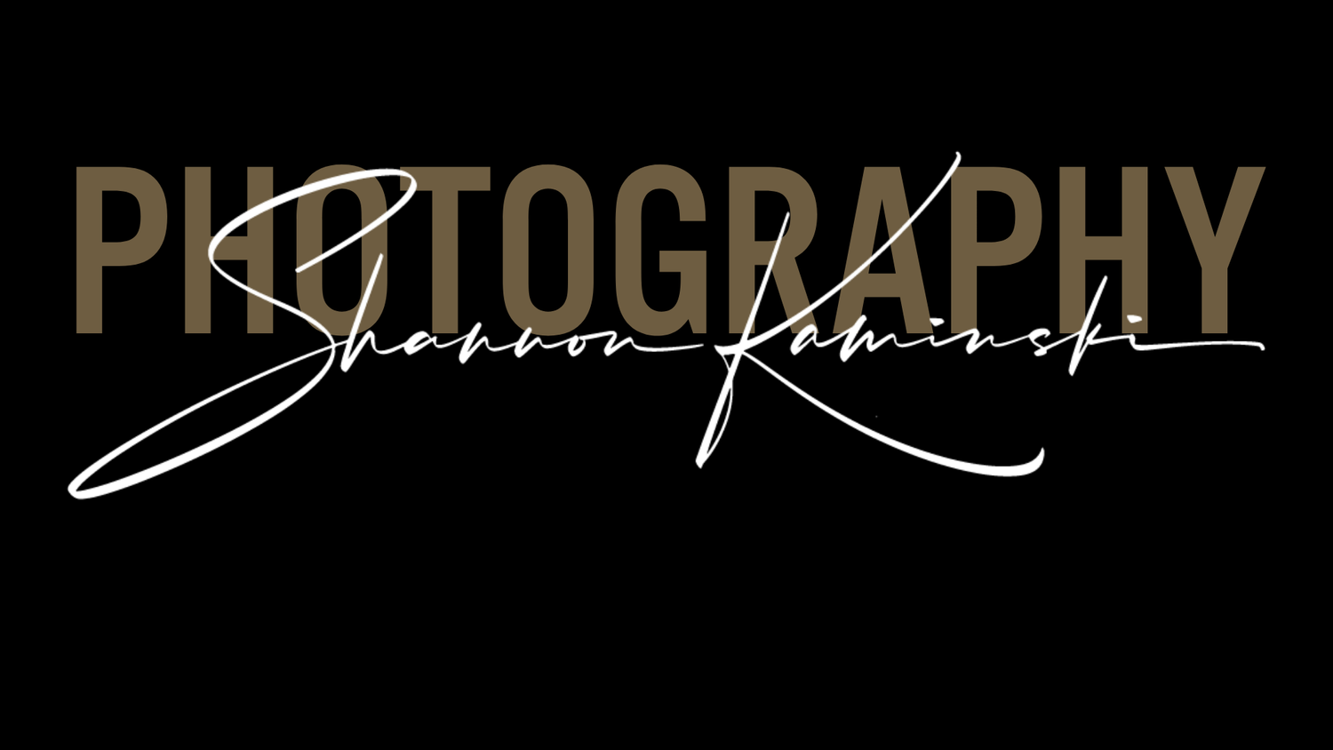 Shannon Kaminski Photography logo with elegant gold bold text and white cursive signature on black background. PHOTOGRAPHY