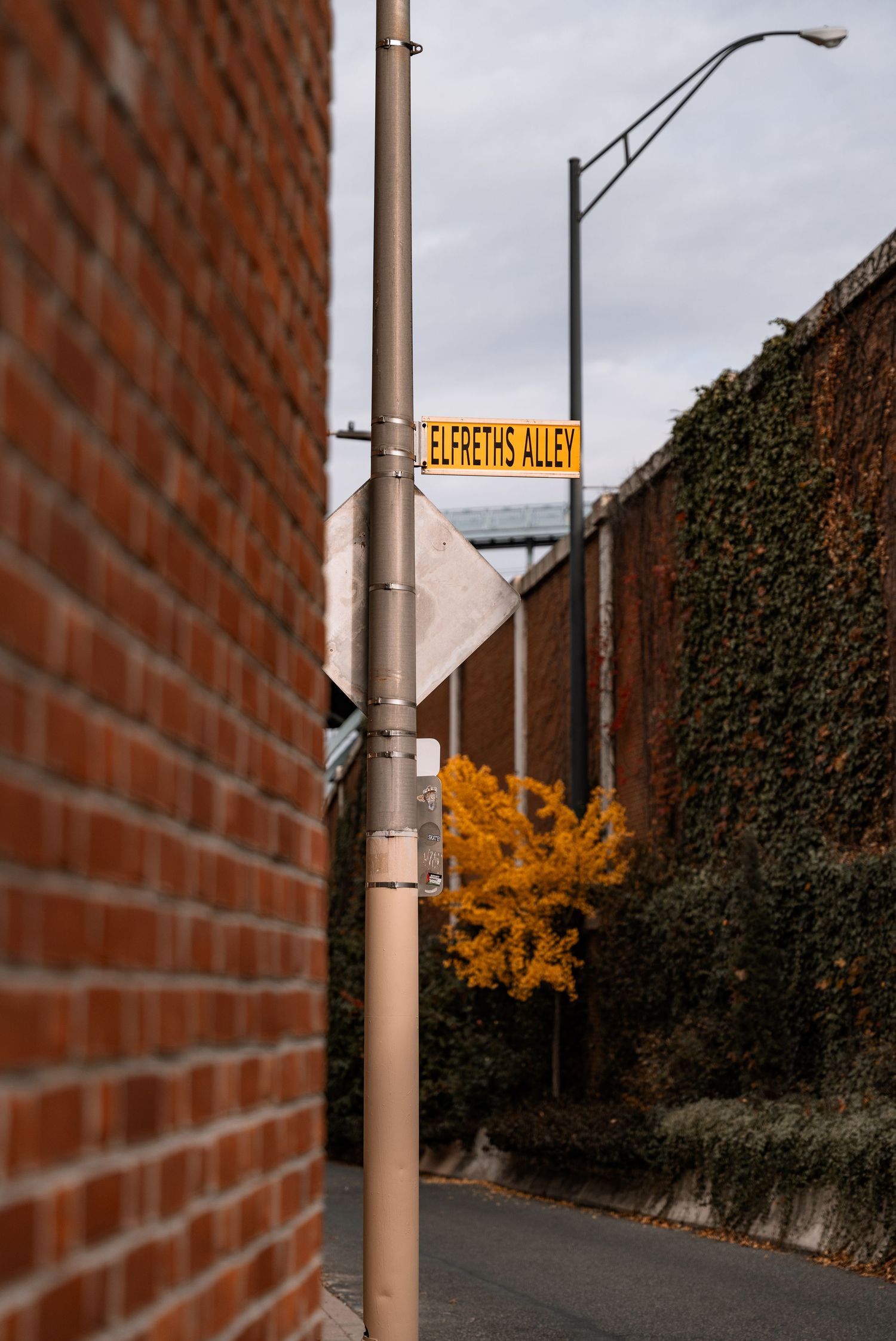A yellow Elfreth's Alley street sign on a pole beside a red brick wall with autumn foliage in Philadelphia.