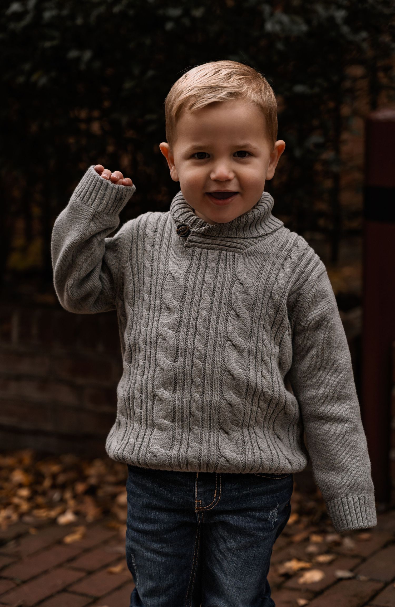 An adorable toddler boy in a gray cable-knit sweater waves and smiles on a brick pathway surrounded by fall leaves.