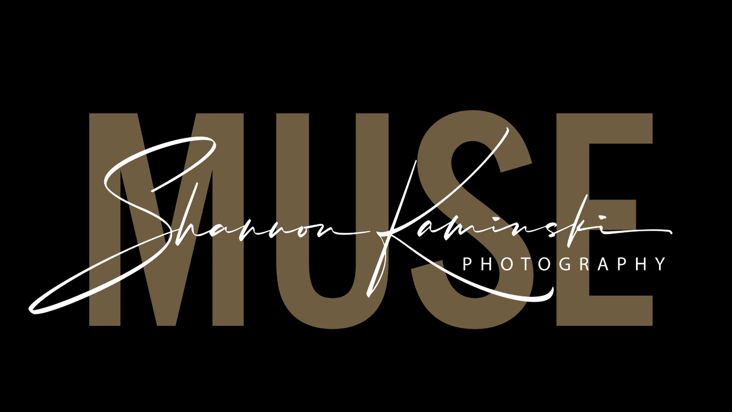 Muse Photography logo by Shannon Kaminski on a black background in gold and white elegant typography. BOUDOIR EXPERIENCE