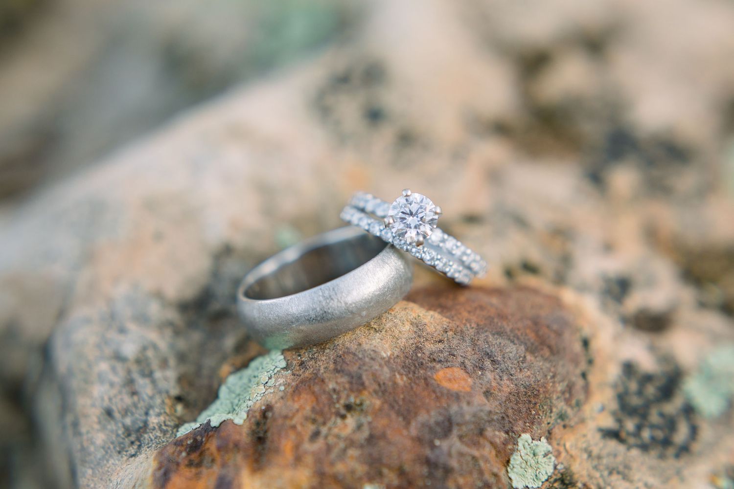 wedding rings on a moss covered rock