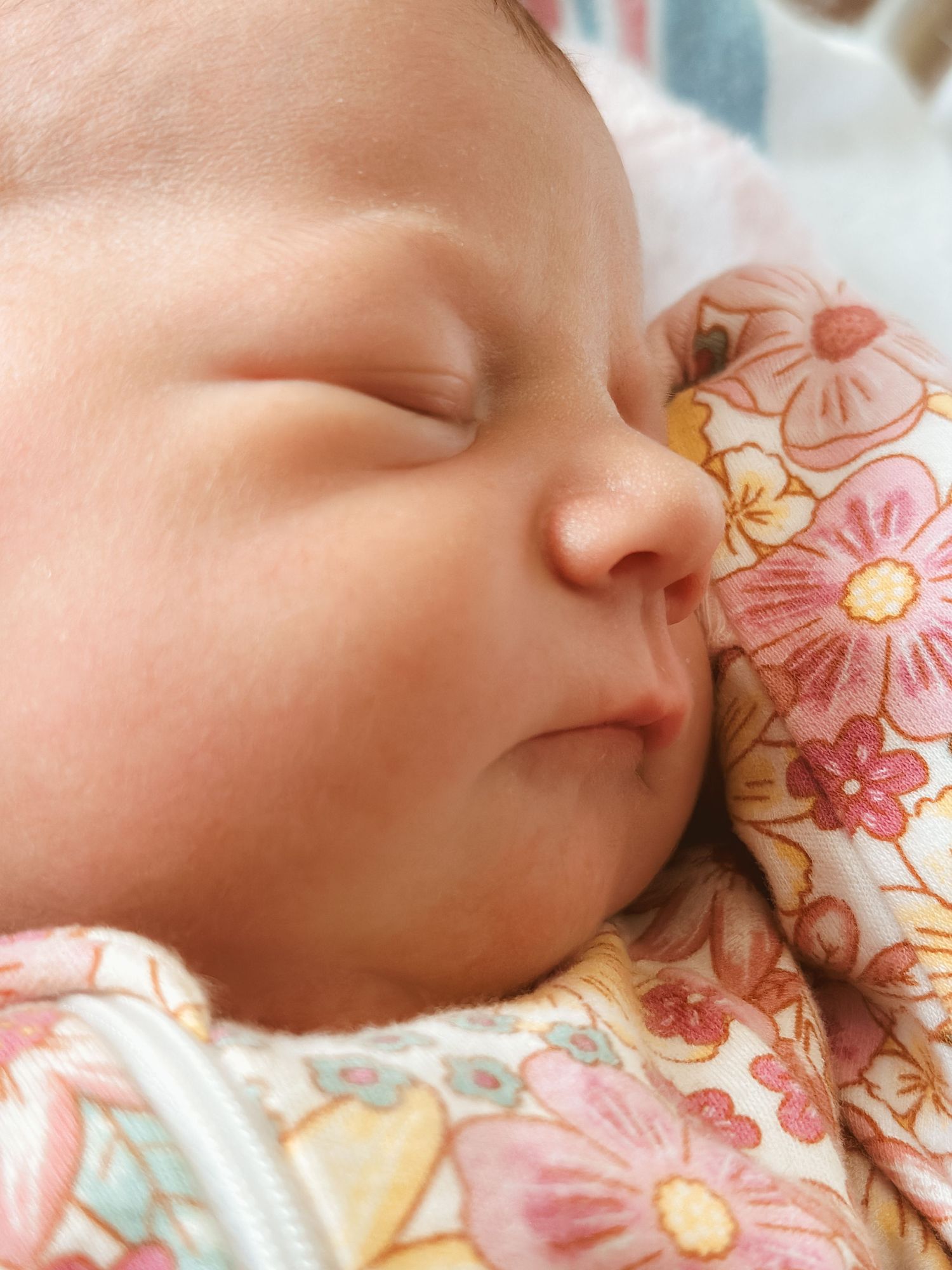 Sleeping newborn baby wrapped in a pink floral blanket, close-up of peaceful infant face.