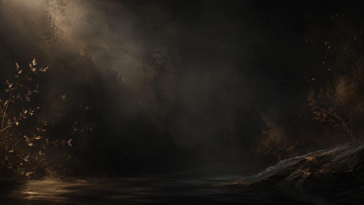 Moody dark background with golden botanical branches and misty atmospheric lighting over a dark surface.