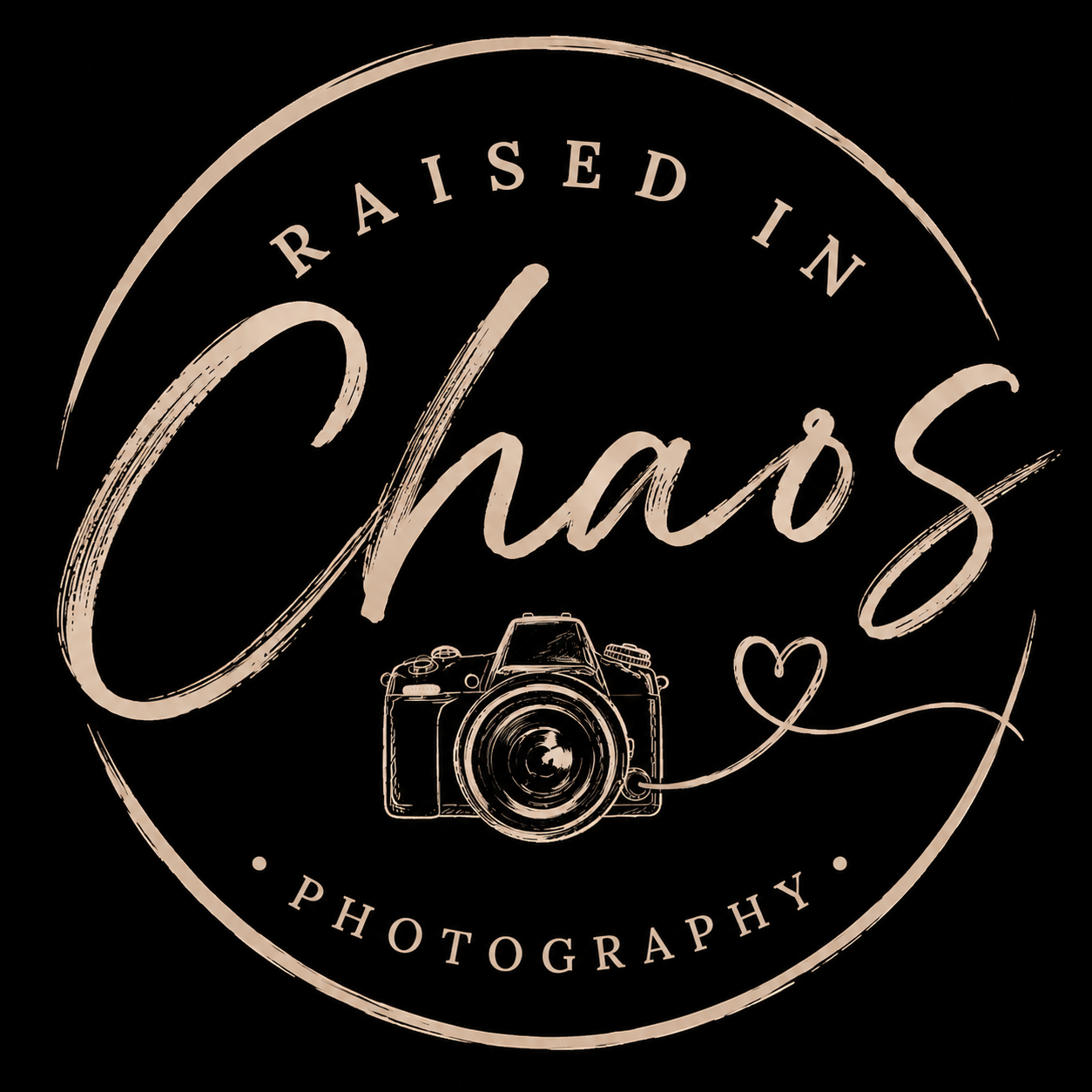 Raised in Chaos Photography circular logo with elegant script lettering and camera illustration on black background.