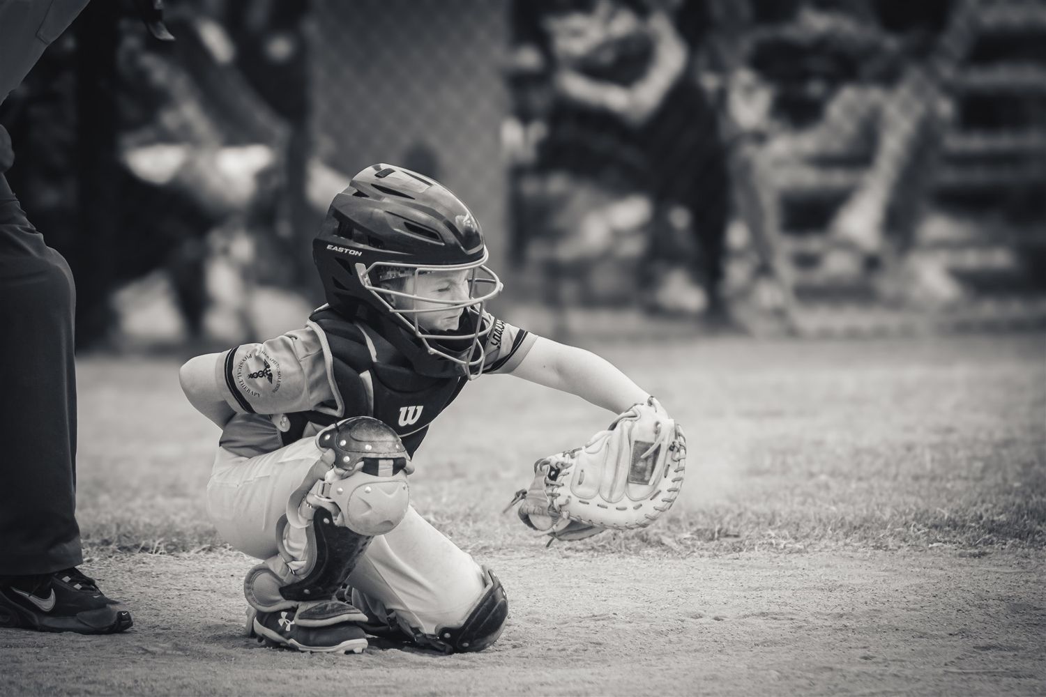 Young baseball catcher in full gear crouches ready at home plate in black and white youth league game photo.