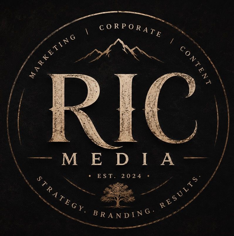RIC Media circular logo featuring mountain and tree imagery with tagline Strategy Branding Results established 2024.